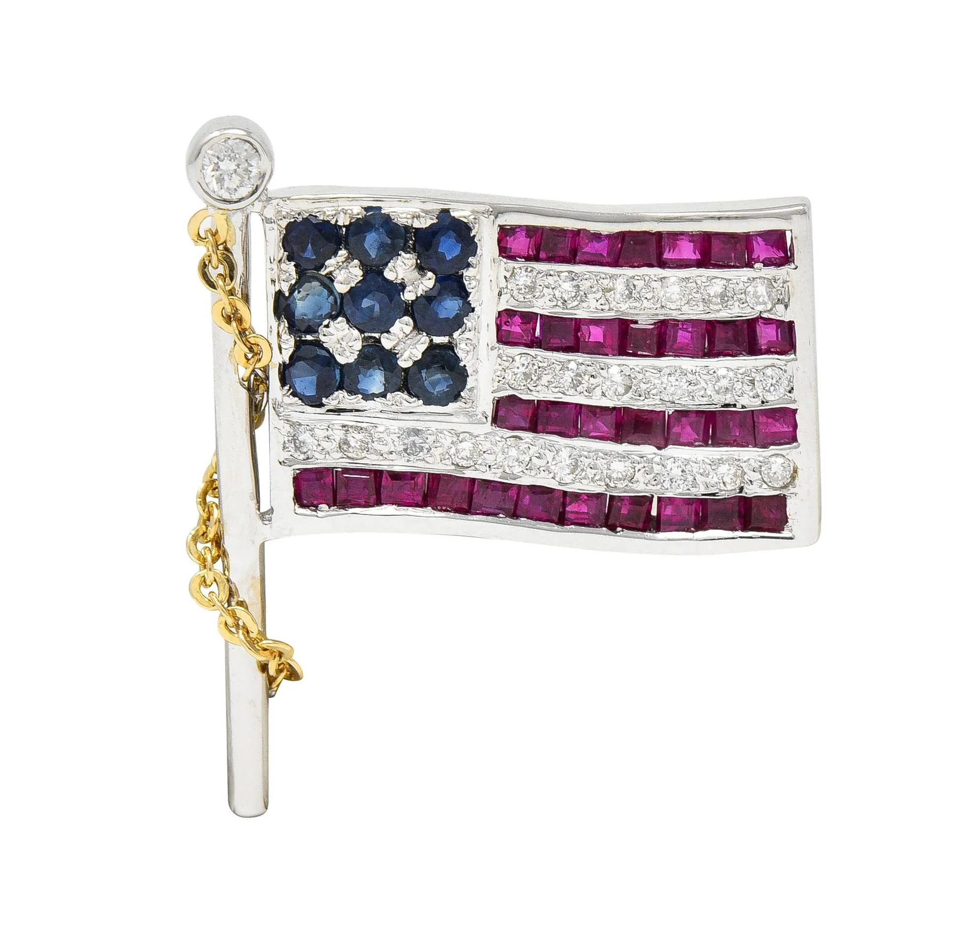 1.25 CTW Sapphire Ruby Diamond 14 Karat Two-Tone Gold American Flag Pendant Brooch - Image 11