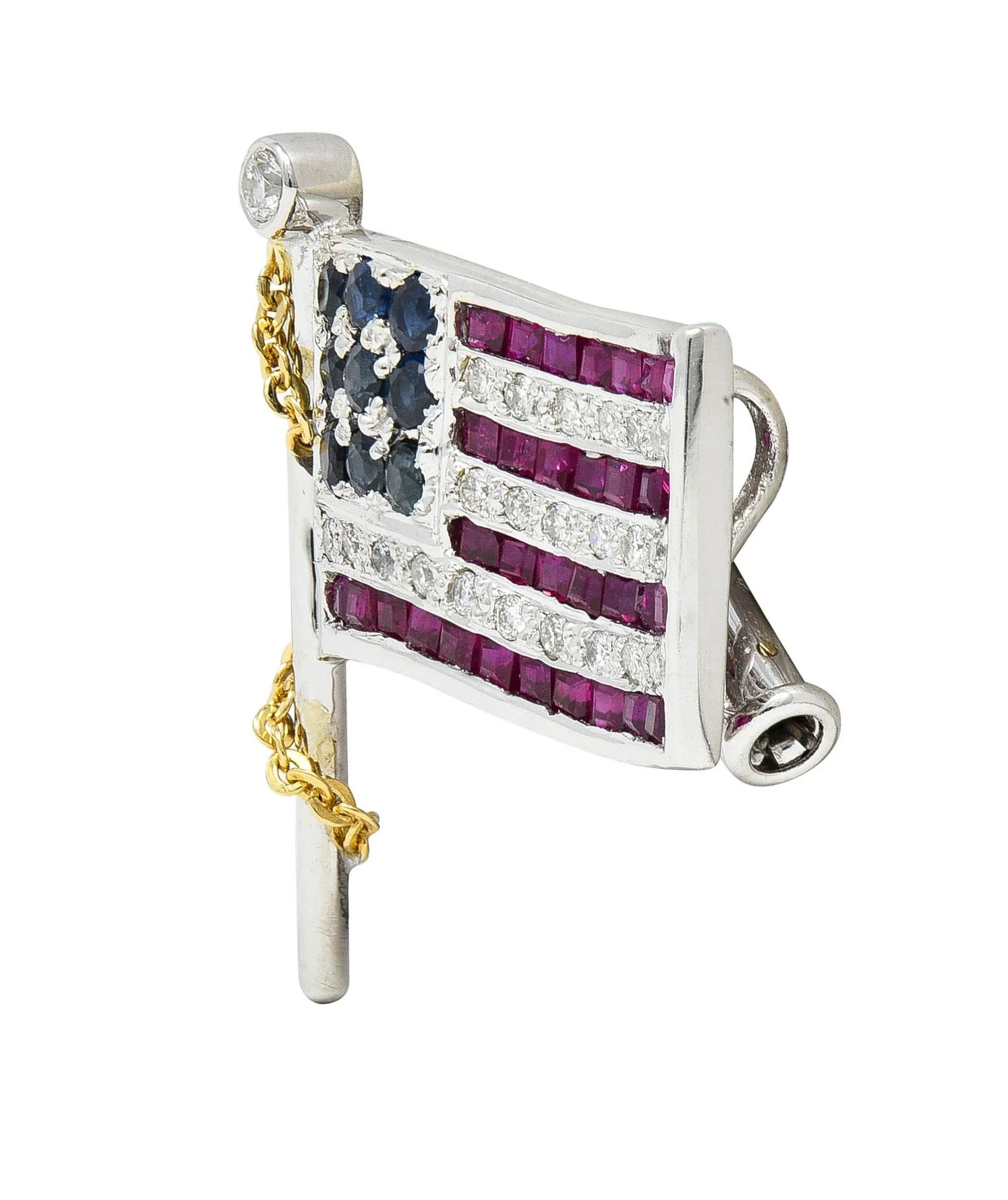 1.25 CTW Sapphire Ruby Diamond 14 Karat Two-Tone Gold American Flag Pendant Brooch - Image 4