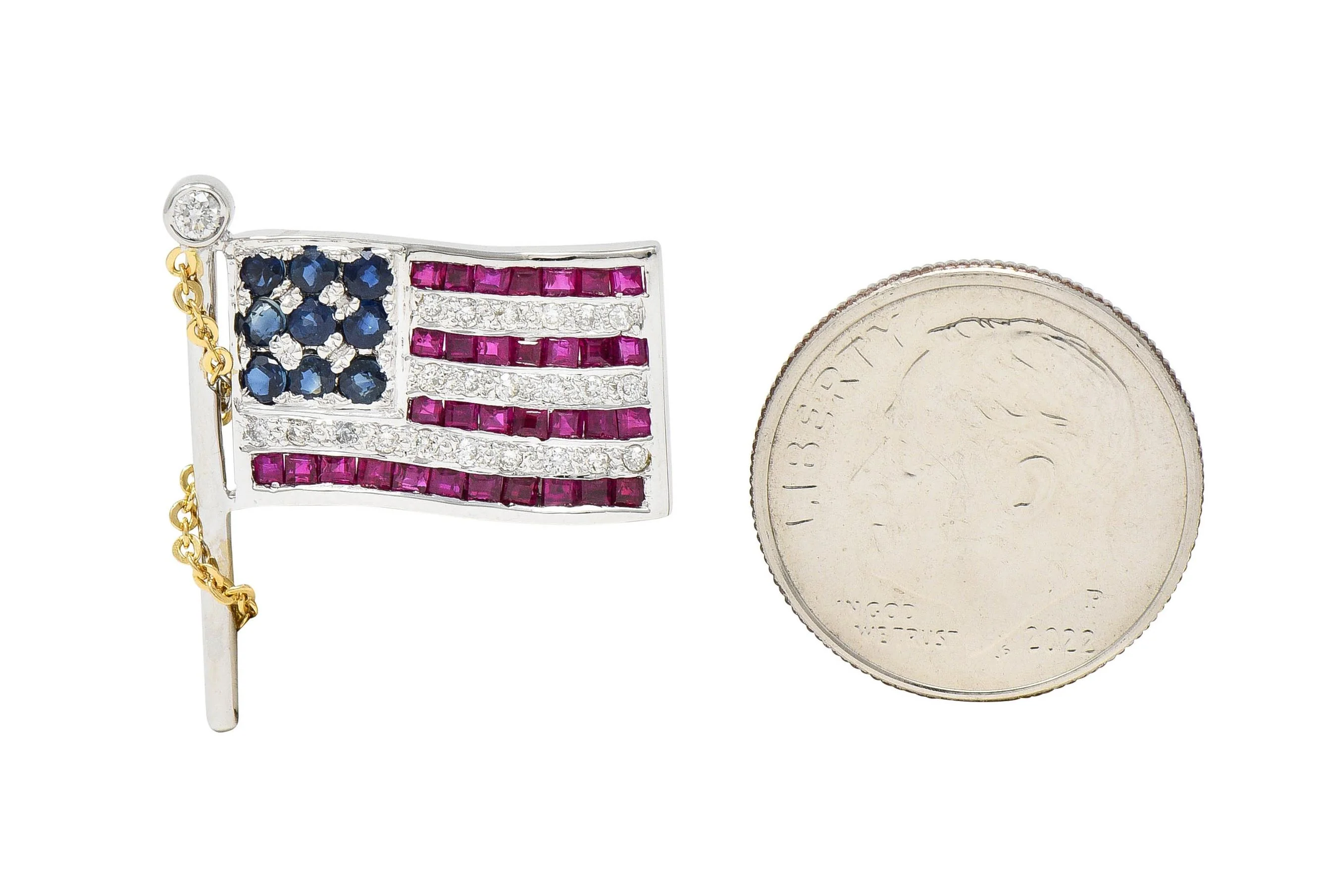 1.25 CTW Sapphire Ruby Diamond 14 Karat Two-Tone Gold American Flag Pendant Brooch - Image 5