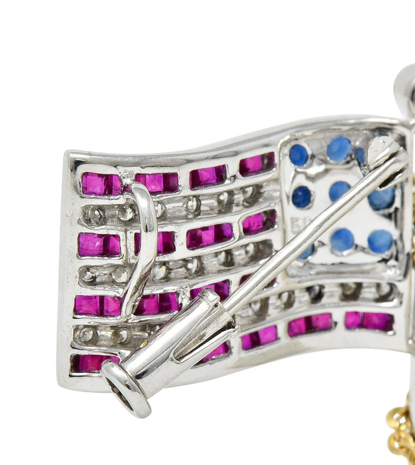 1.25 CTW Sapphire Ruby Diamond 14 Karat Two-Tone Gold American Flag Pendant Brooch - Image 7