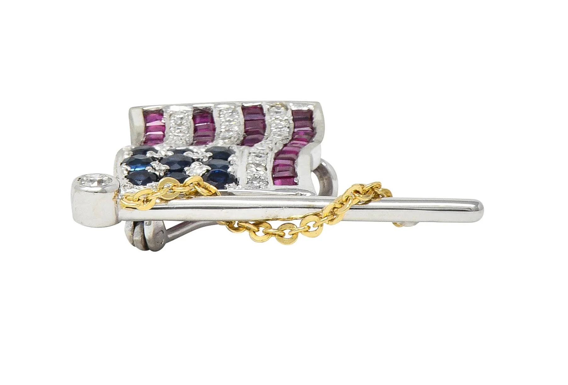 1.25 CTW Sapphire Ruby Diamond 14 Karat Two-Tone Gold American Flag Pendant Brooch - Image 9