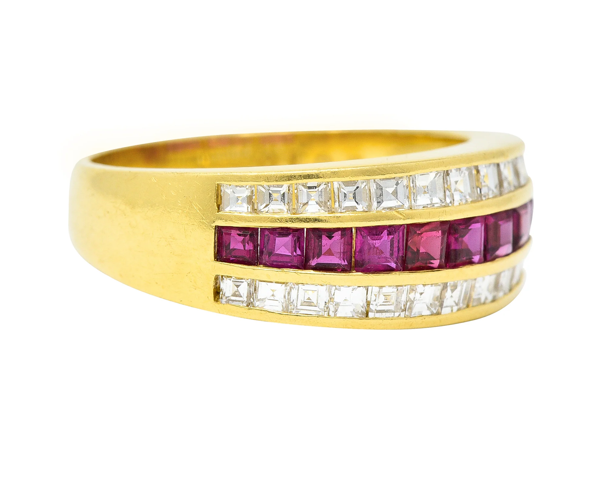 1.42 CTW Square Step-Cut Diamond Ruby 18 Karat Yellow Gold Vintage Channel Band Ring - Image 2