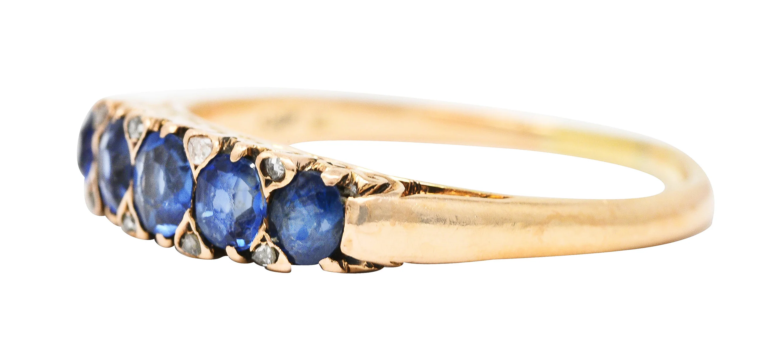 Victorian 1.15 CTW Cushion Cut Sapphire Diamond 14 Karat Yellow Gold Fleur-De-Lis Five Stone Antique Band Ring - Image 6