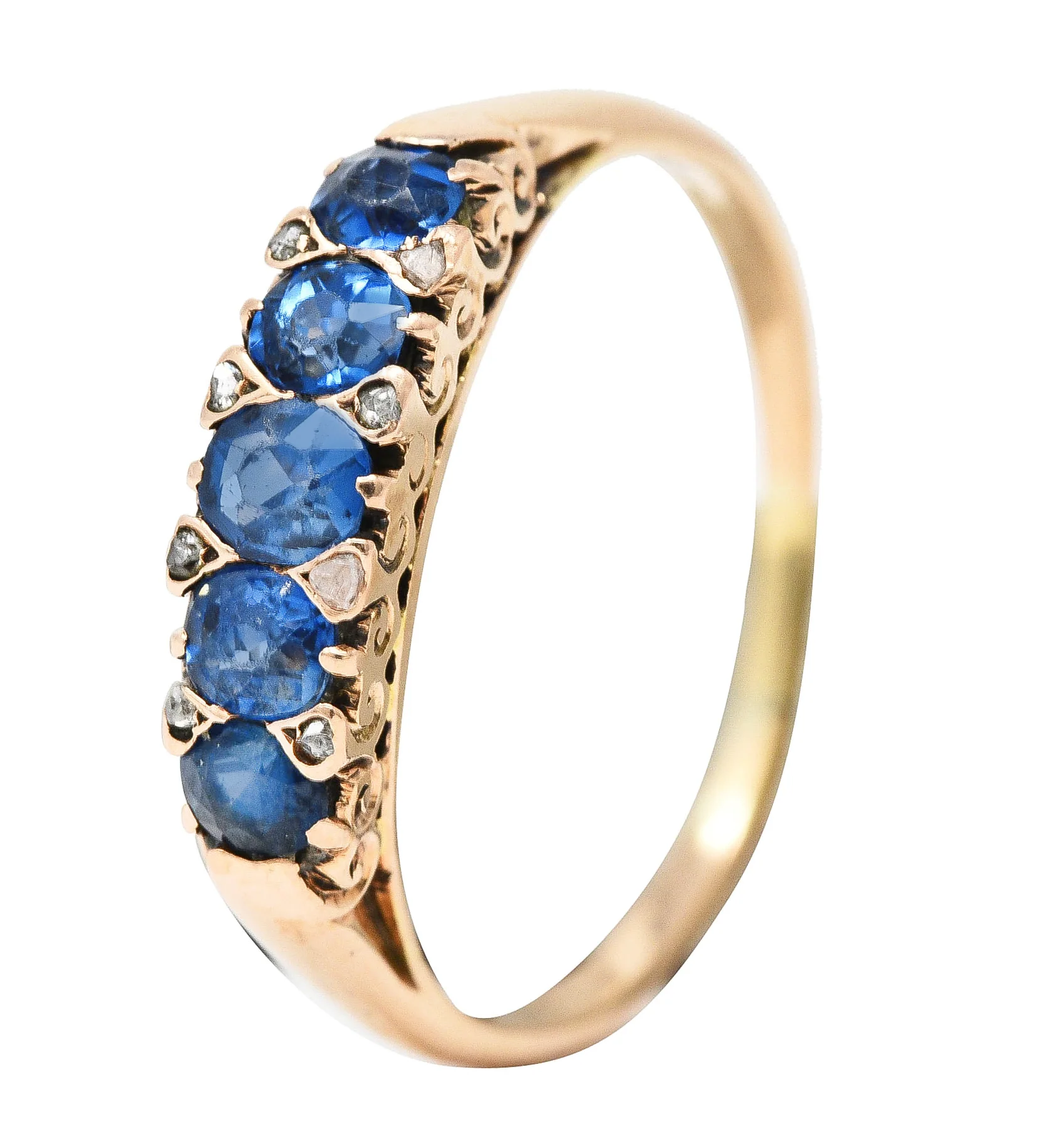 Victorian 1.15 CTW Cushion Cut Sapphire Diamond 14 Karat Yellow Gold Fleur-De-Lis Five Stone Antique Band Ring - Image 8