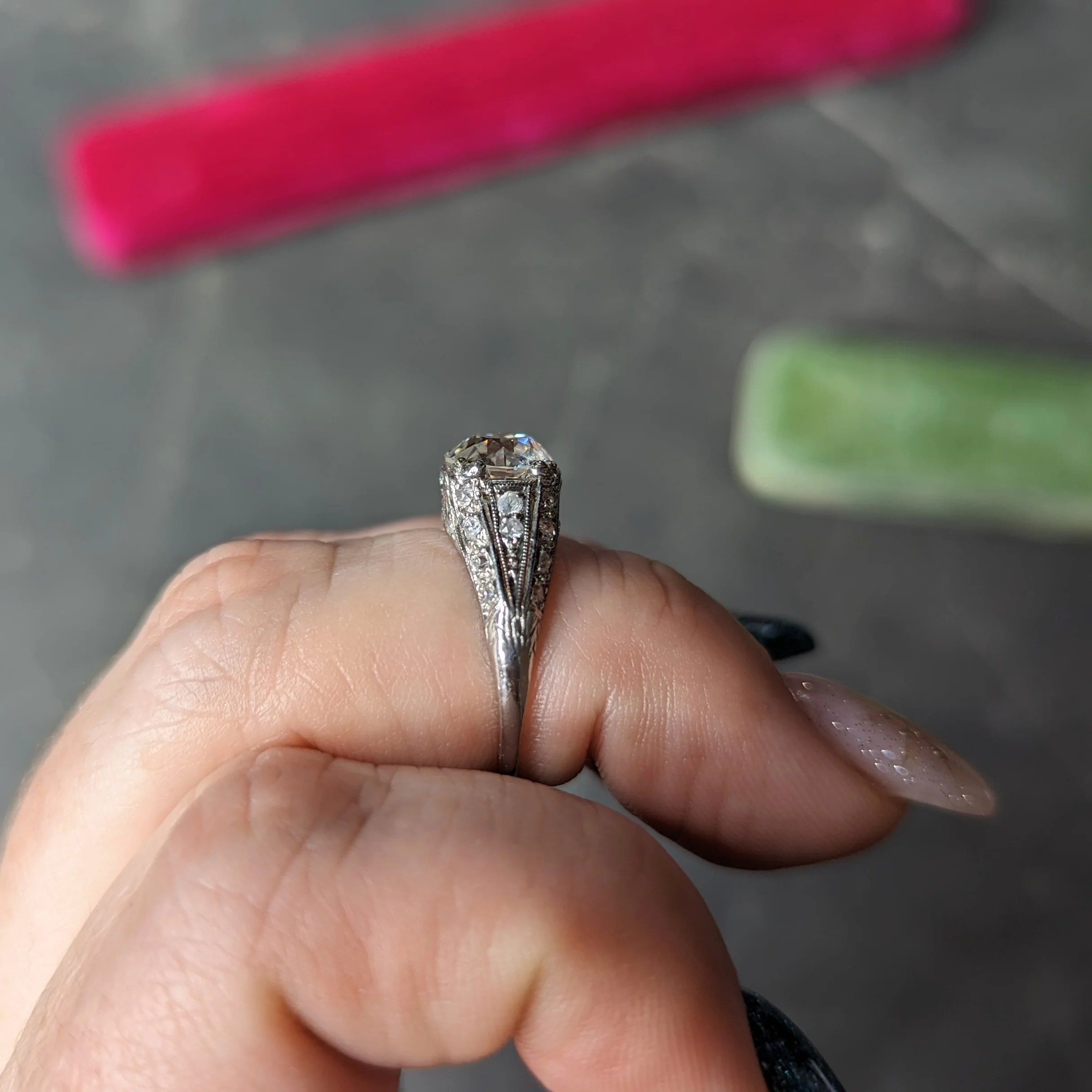Art Deco Old European 2.28 CTW Diamond Platinum Wheat Engagement Ring GIA - Image 13
