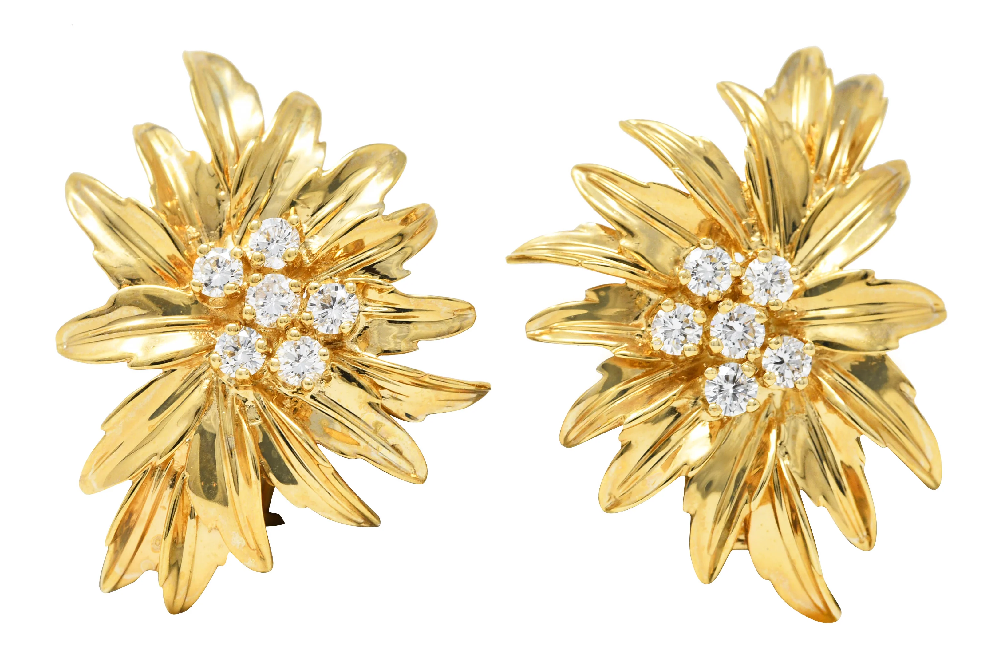 Dankner 1960's 0.72 CTW Diamond 14 Karat Yellow Gold Floral Burst Vintage Ear-Clip Earrings