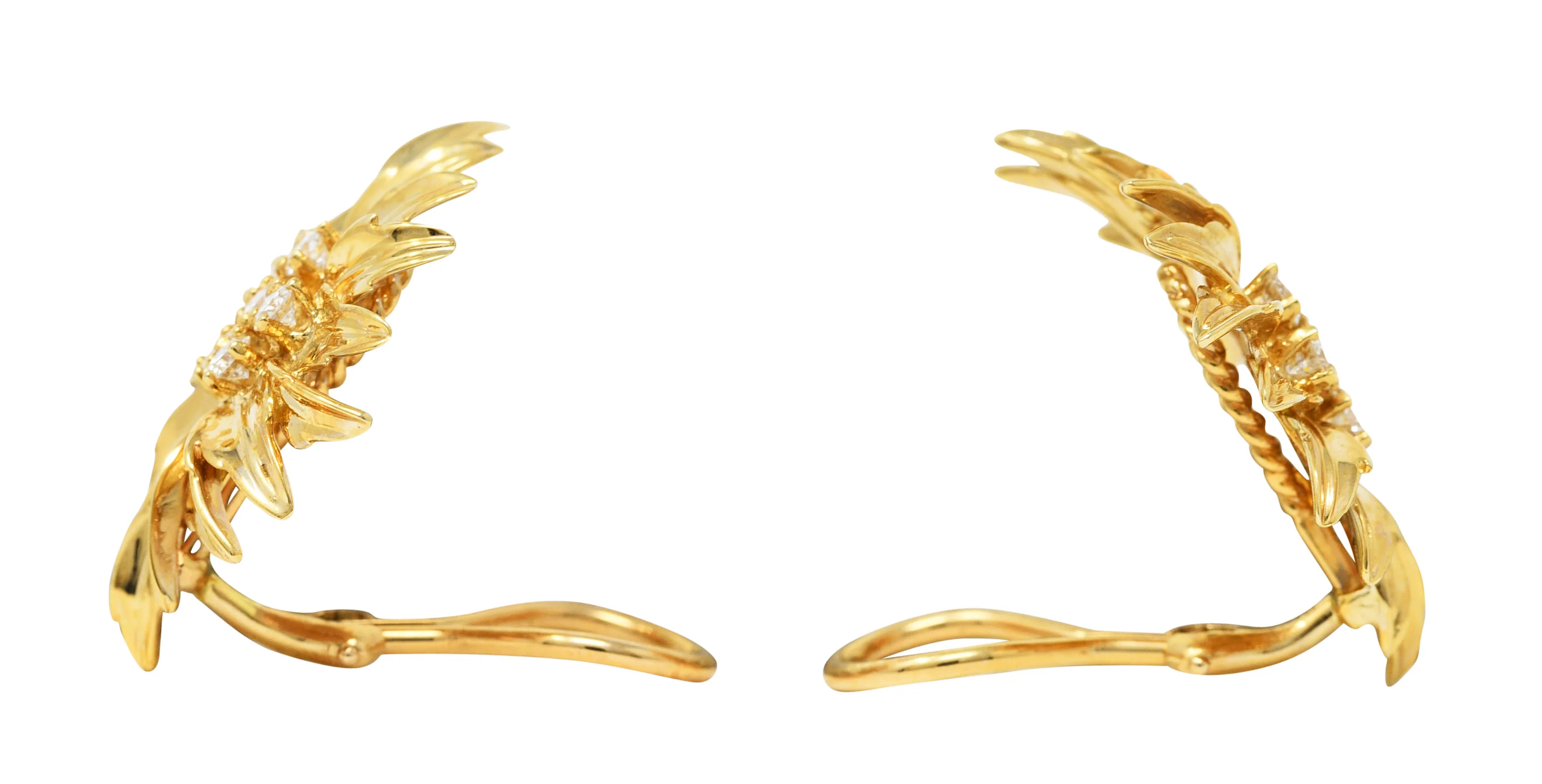 Dankner 1960's 0.72 CTW Diamond 14 Karat Yellow Gold Floral Burst Vintage Ear-Clip Earrings - Image 4