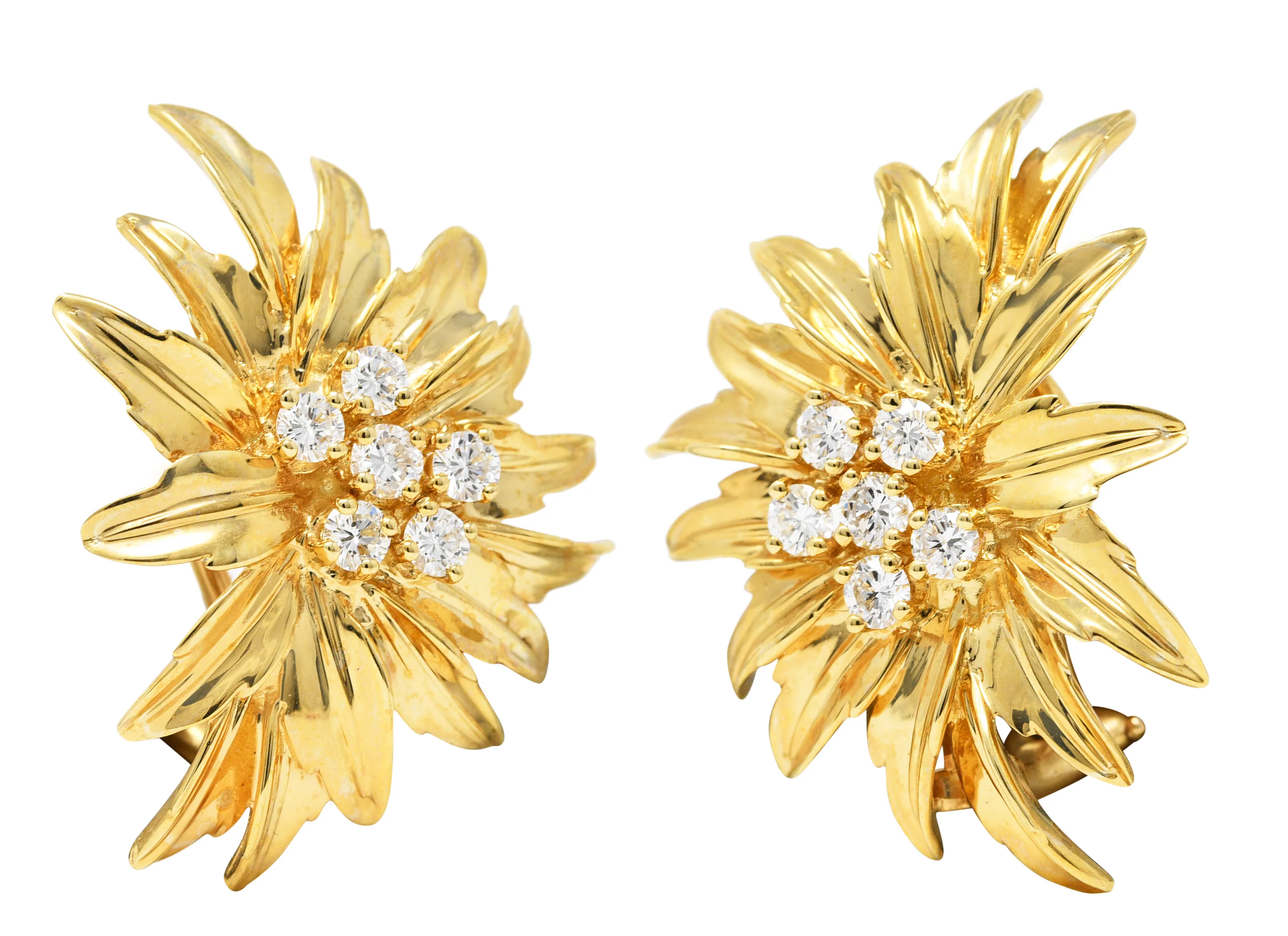 Dankner 1960's 0.72 CTW Diamond 14 Karat Yellow Gold Floral Burst Vintage Ear-Clip Earrings - Image 6