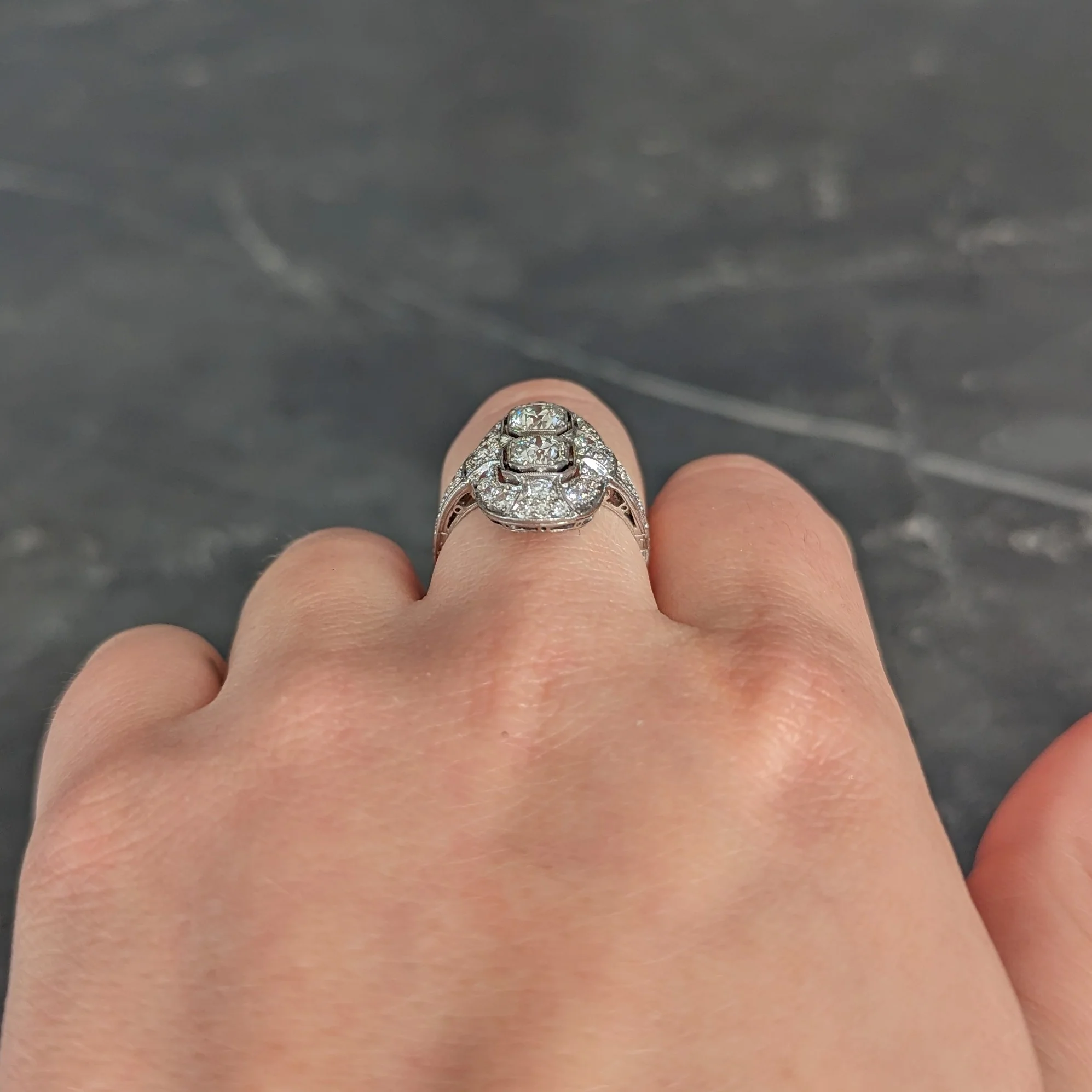 Art Deco 1.60 CTW Old European Cut Diamond Platinum Two Stone Halo Dinner Ring - Image 11