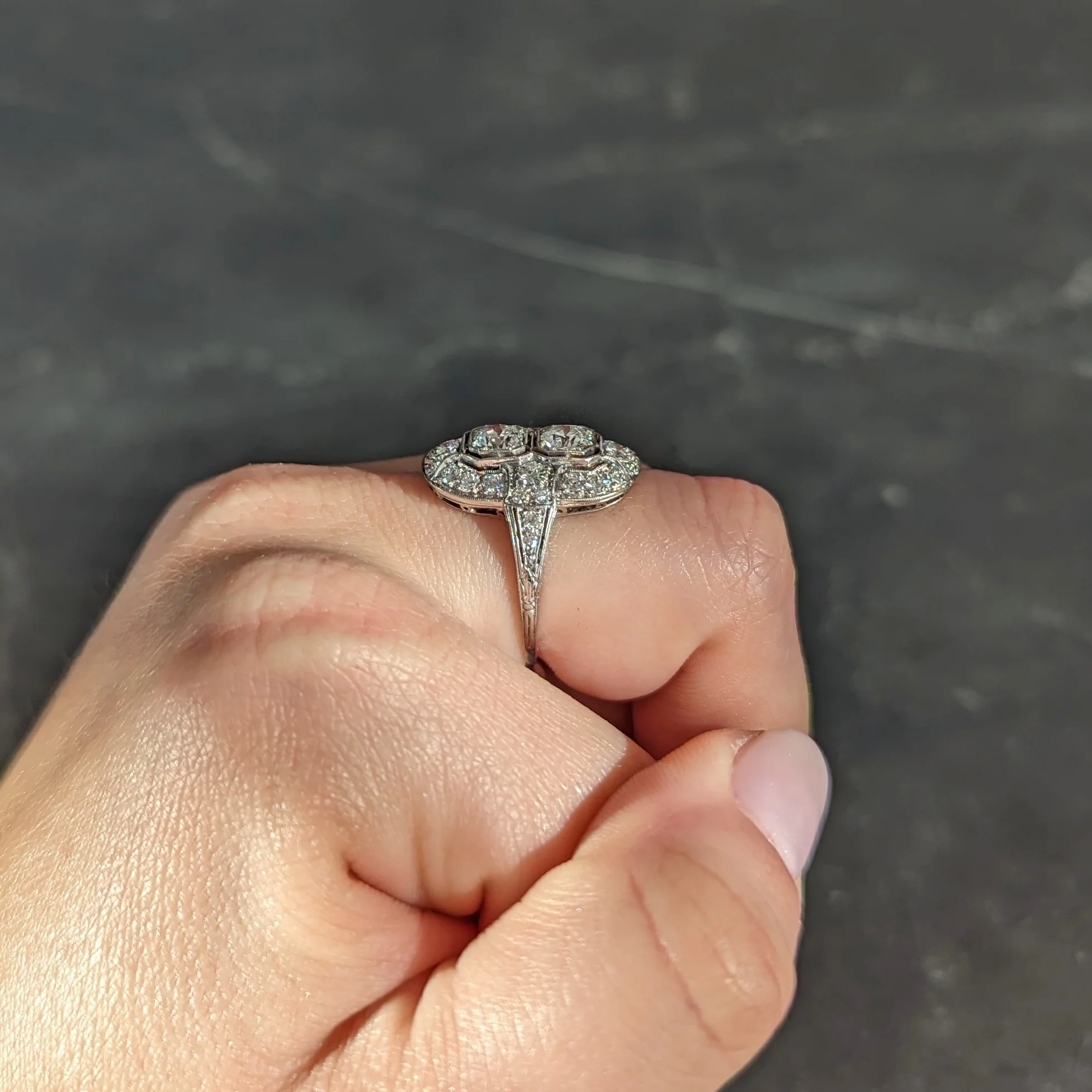 Art Deco 1.60 CTW Old European Cut Diamond Platinum Two Stone Halo Dinner Ring - Image 12