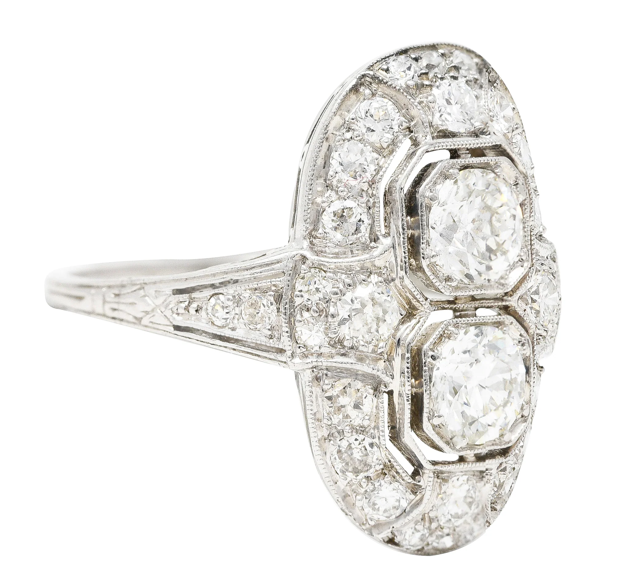 Art Deco 1.60 CTW Old European Cut Diamond Platinum Two Stone Halo Dinner Ring - Image 2