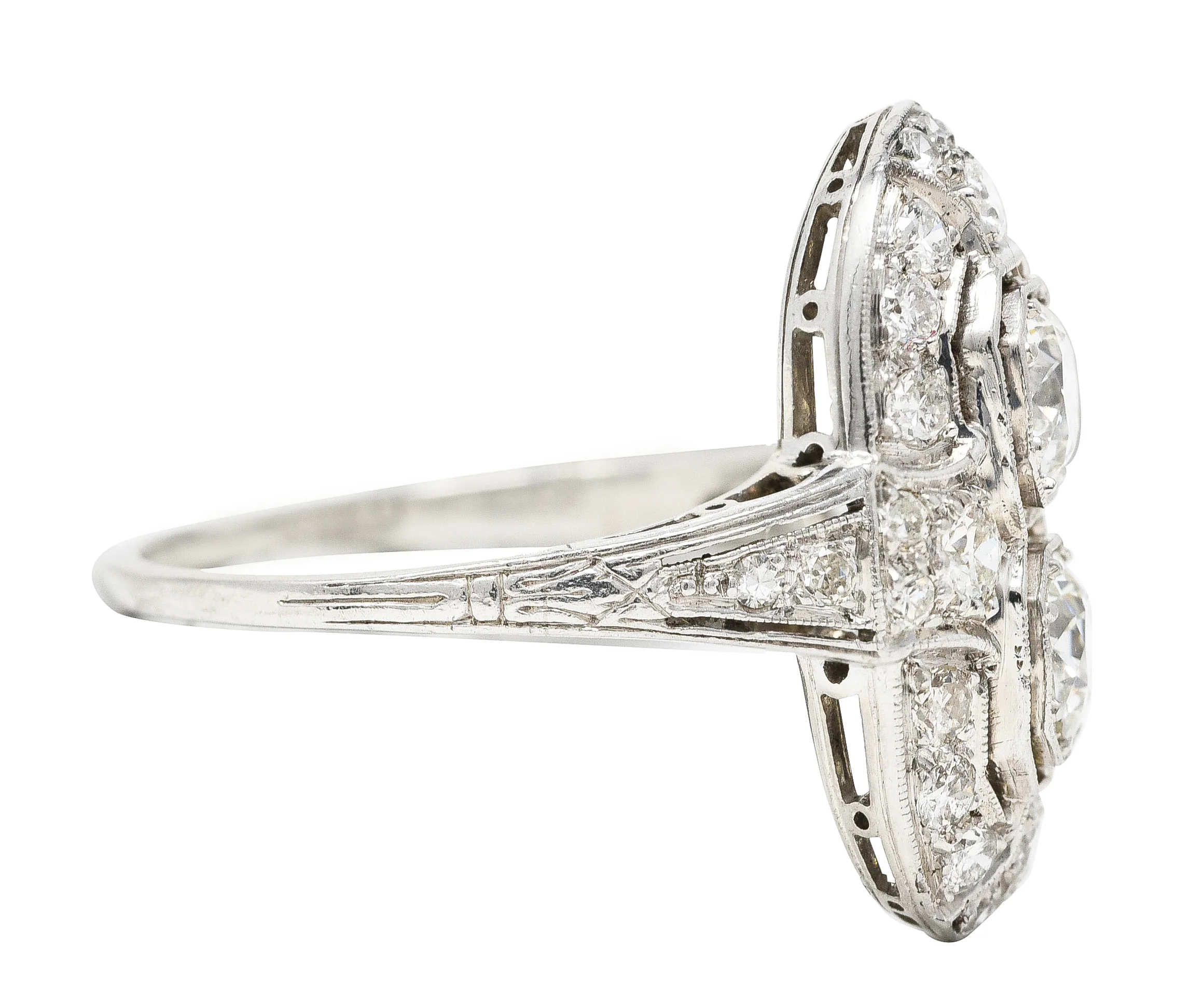 Art Deco 1.60 CTW Old European Cut Diamond Platinum Two Stone Halo Dinner Ring - Image 3