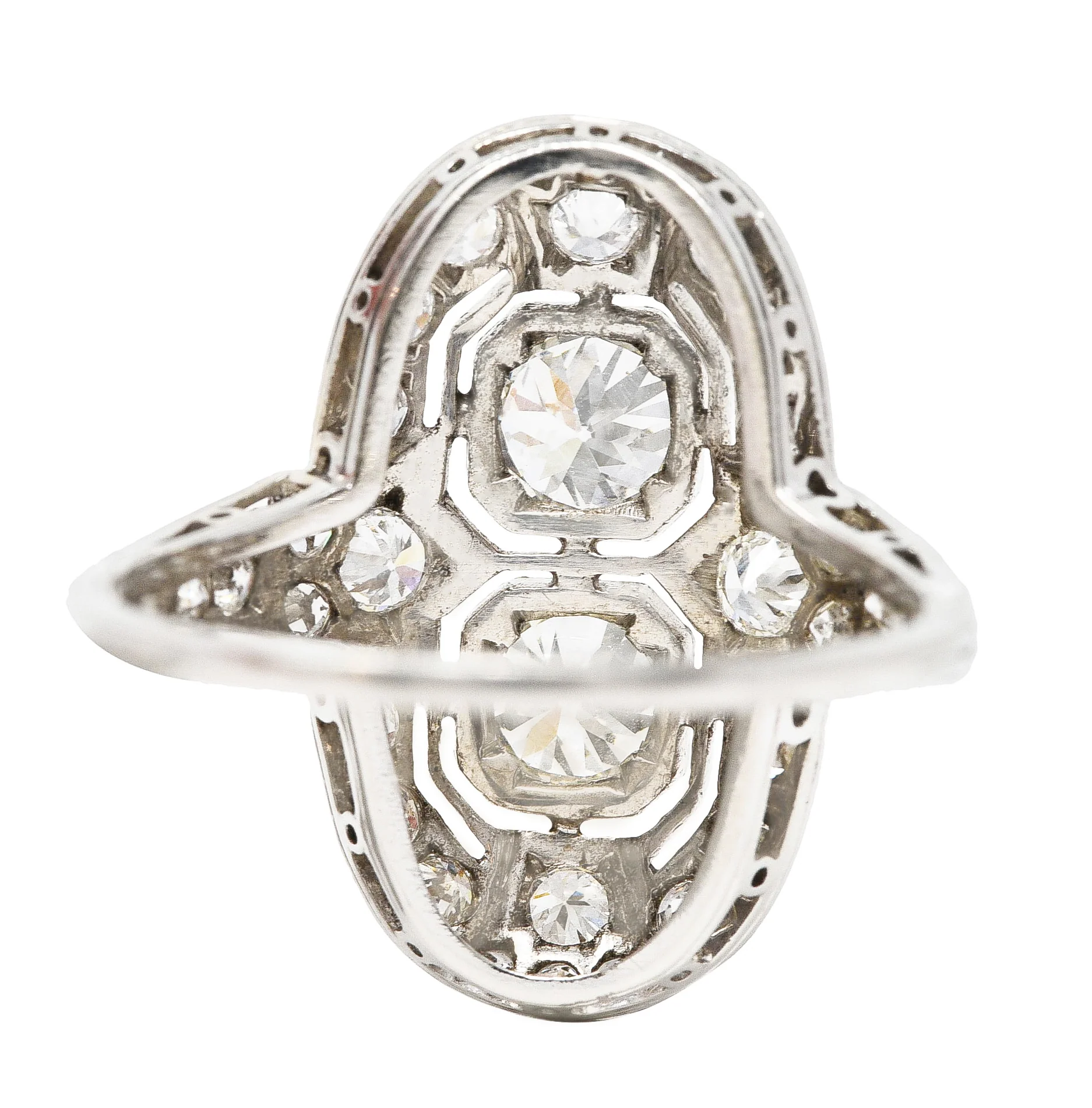 Art Deco 1.60 CTW Old European Cut Diamond Platinum Two Stone Halo Dinner Ring - Image 4