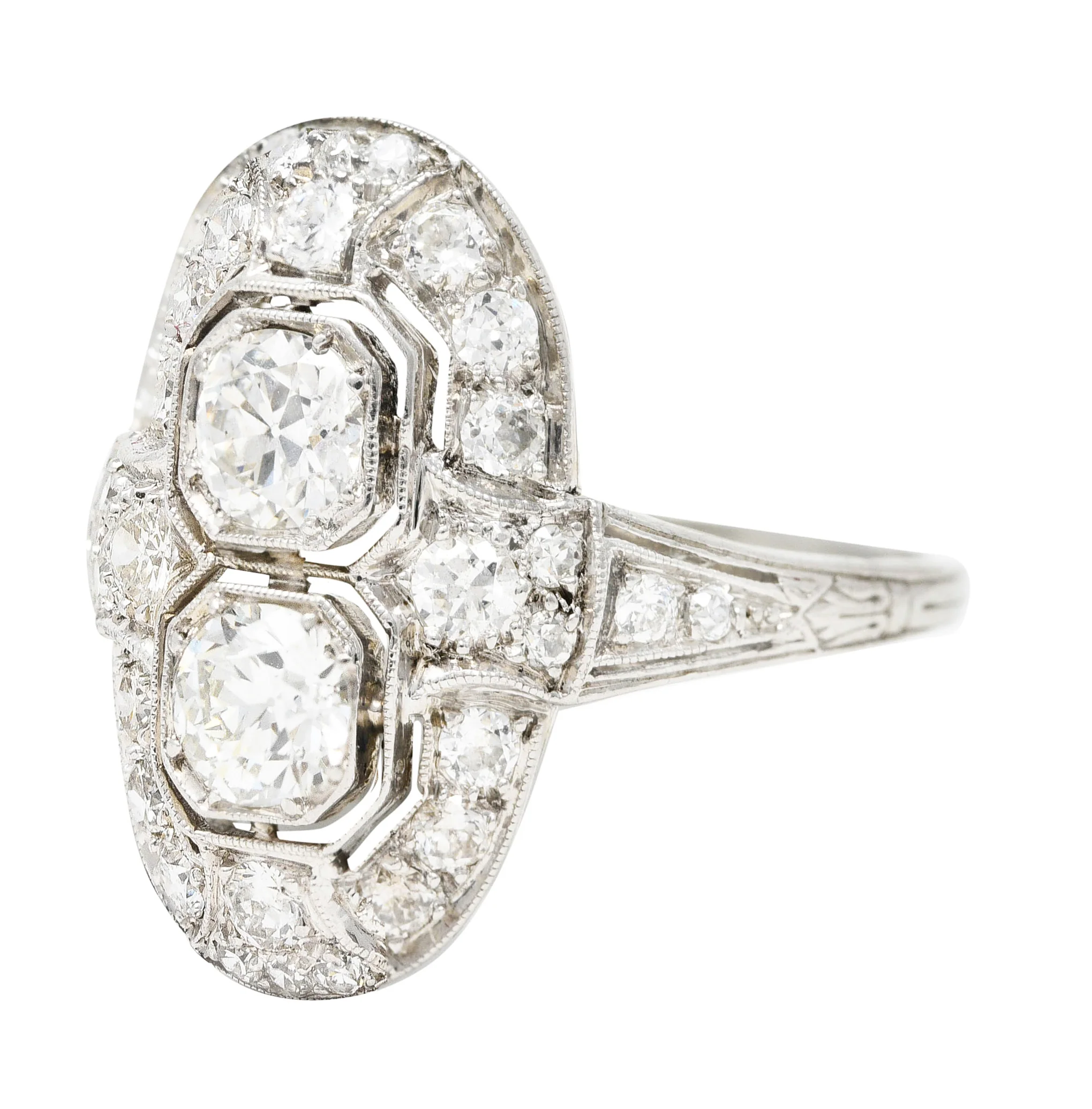 Art Deco 1.60 CTW Old European Cut Diamond Platinum Two Stone Halo Dinner Ring - Image 6