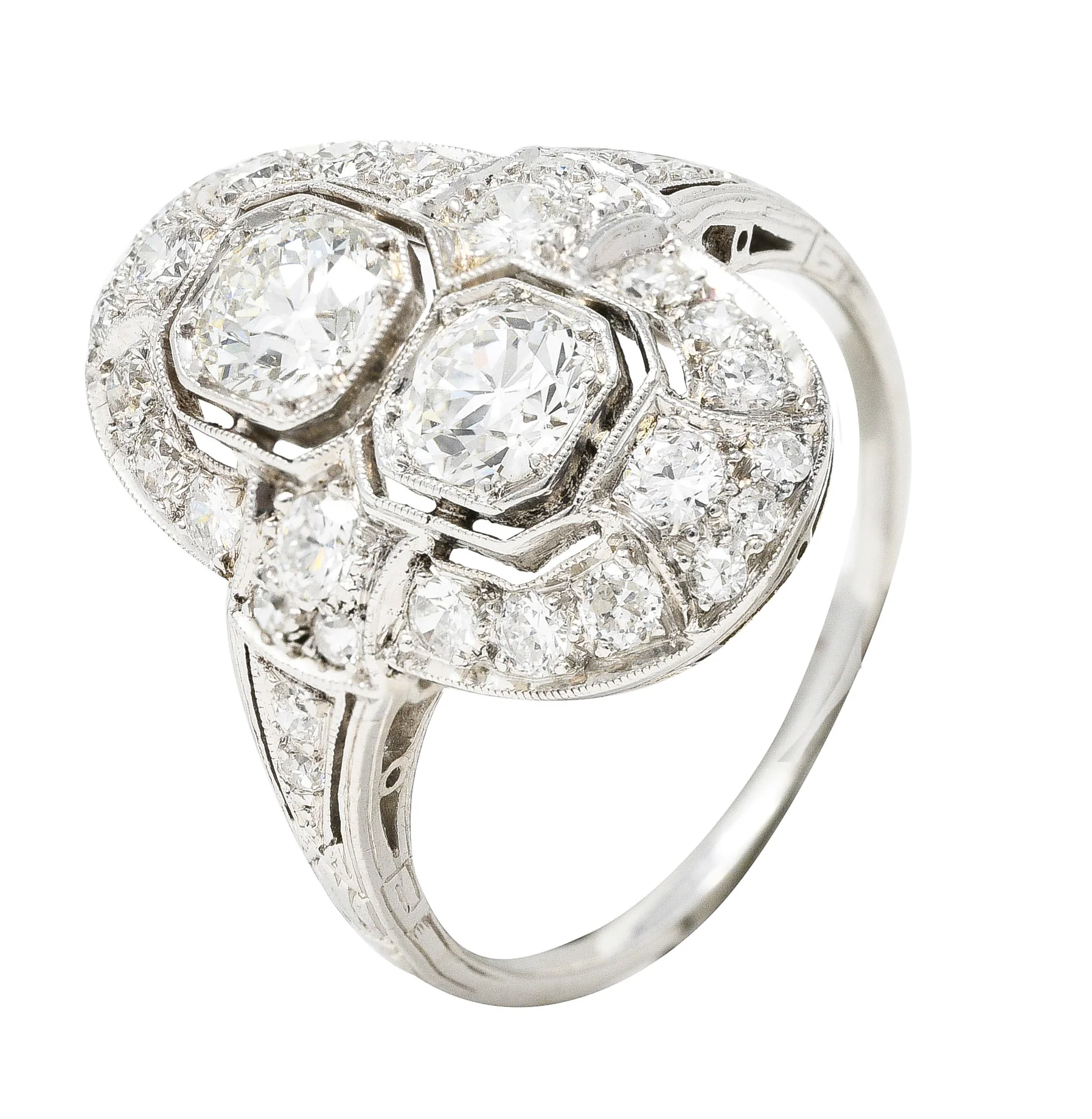 Art Deco 1.60 CTW Old European Cut Diamond Platinum Two Stone Halo Dinner Ring - Image 9