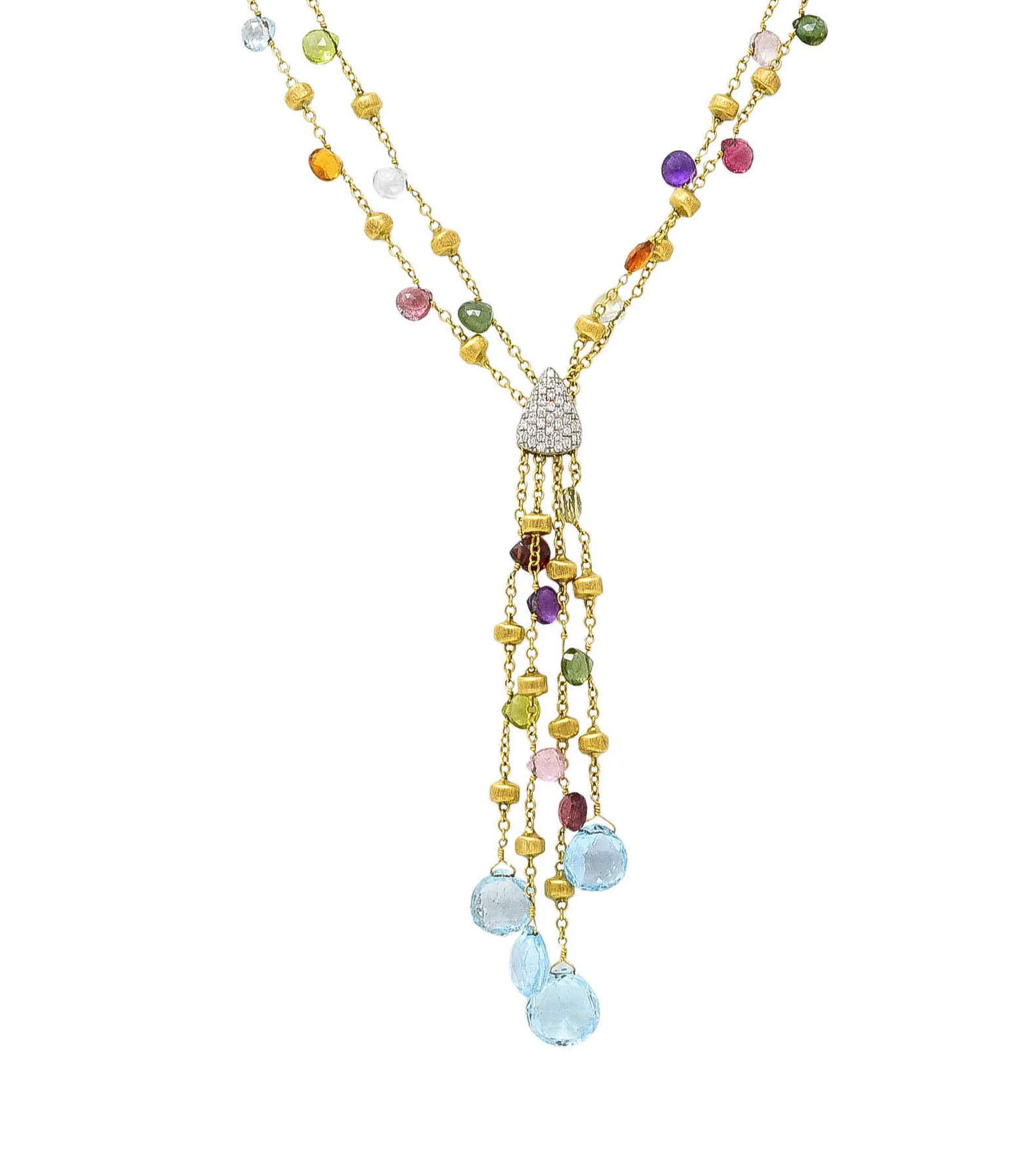 Marco Bicego Contemporary Multi-Gem Diamond 18 Karat Two-Tone Gold Paradise Lariate Tassel Necklace - Image 13