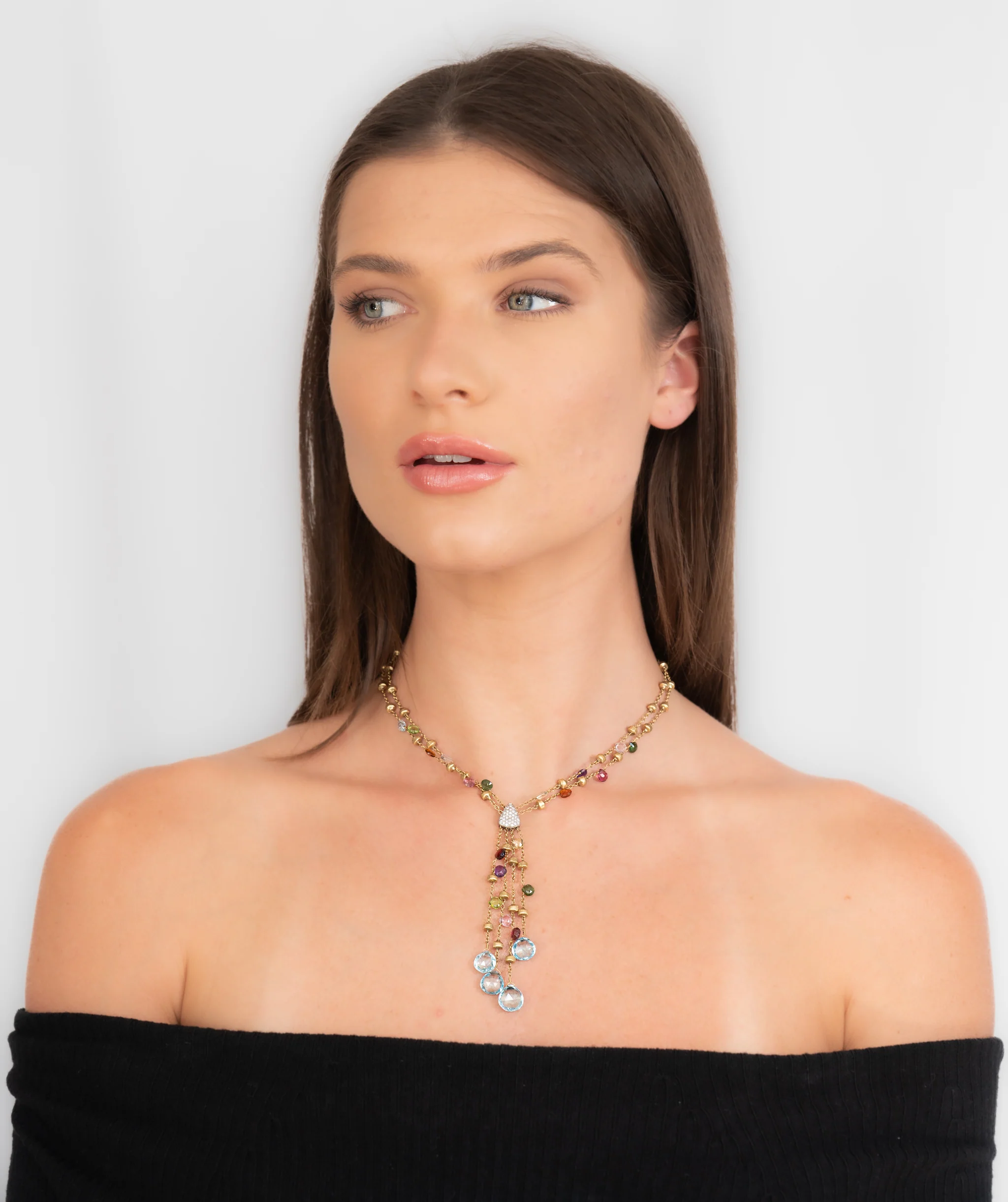 Marco Bicego Contemporary Multi-Gem Diamond 18 Karat Two-Tone Gold Paradise Lariate Tassel Necklace - Image 15