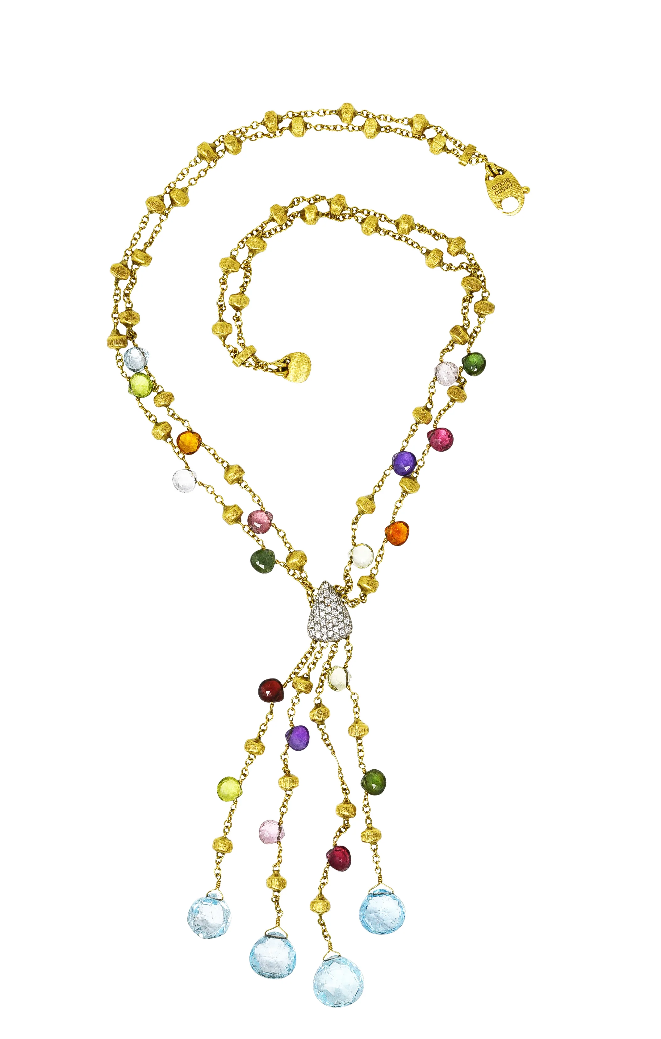 Marco Bicego Contemporary Multi-Gem Diamond 18 Karat Two-Tone Gold Paradise Lariate Tassel Necklace - Image 2