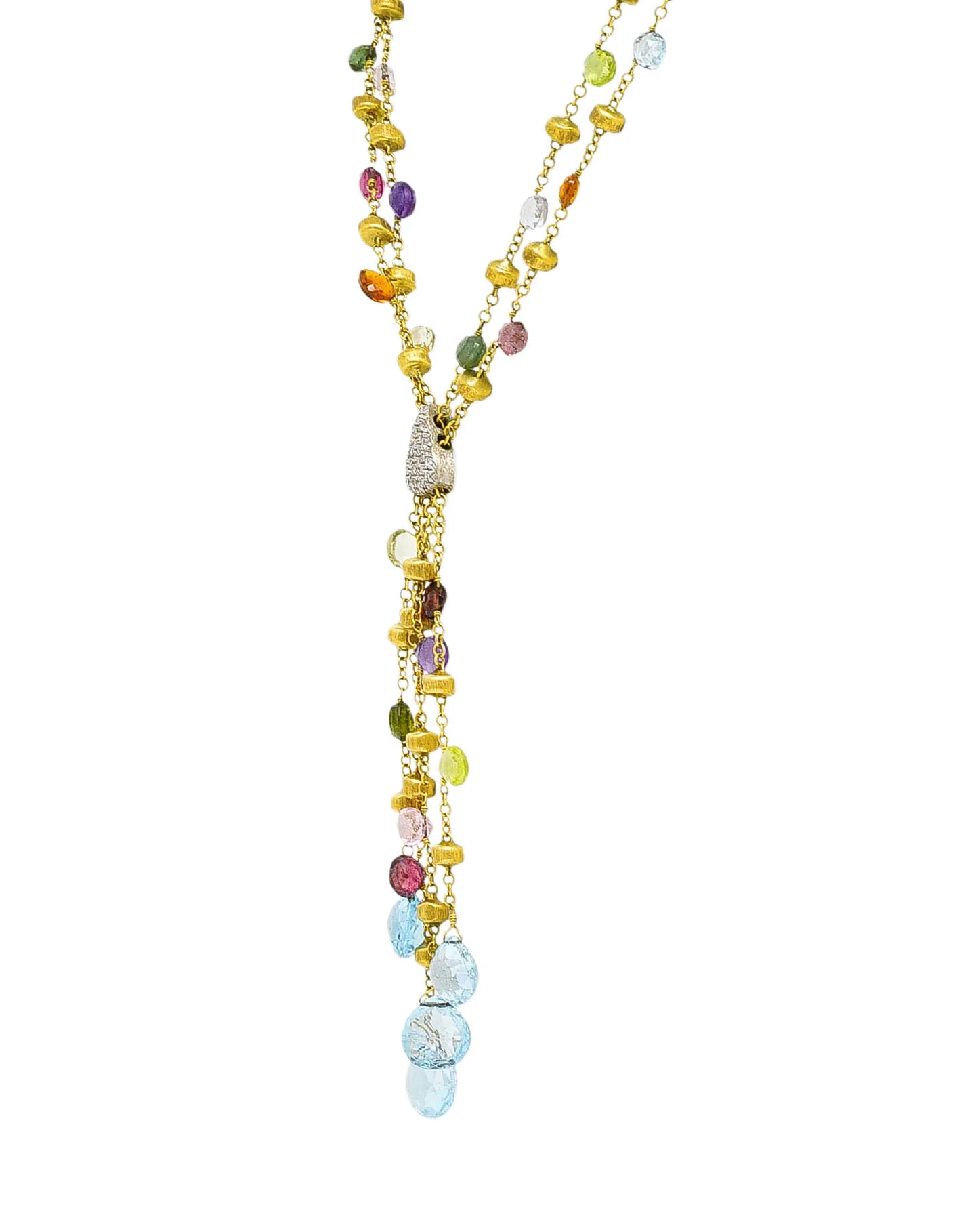Marco Bicego Contemporary Multi-Gem Diamond 18 Karat Two-Tone Gold Paradise Lariate Tassel Necklace - Image 3