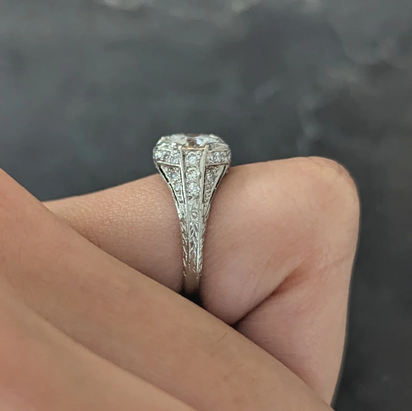 Art Deco Platinum 1.53 CTW Old European Cut Diamond Platinum Wheat Engagement Ring - Image 10