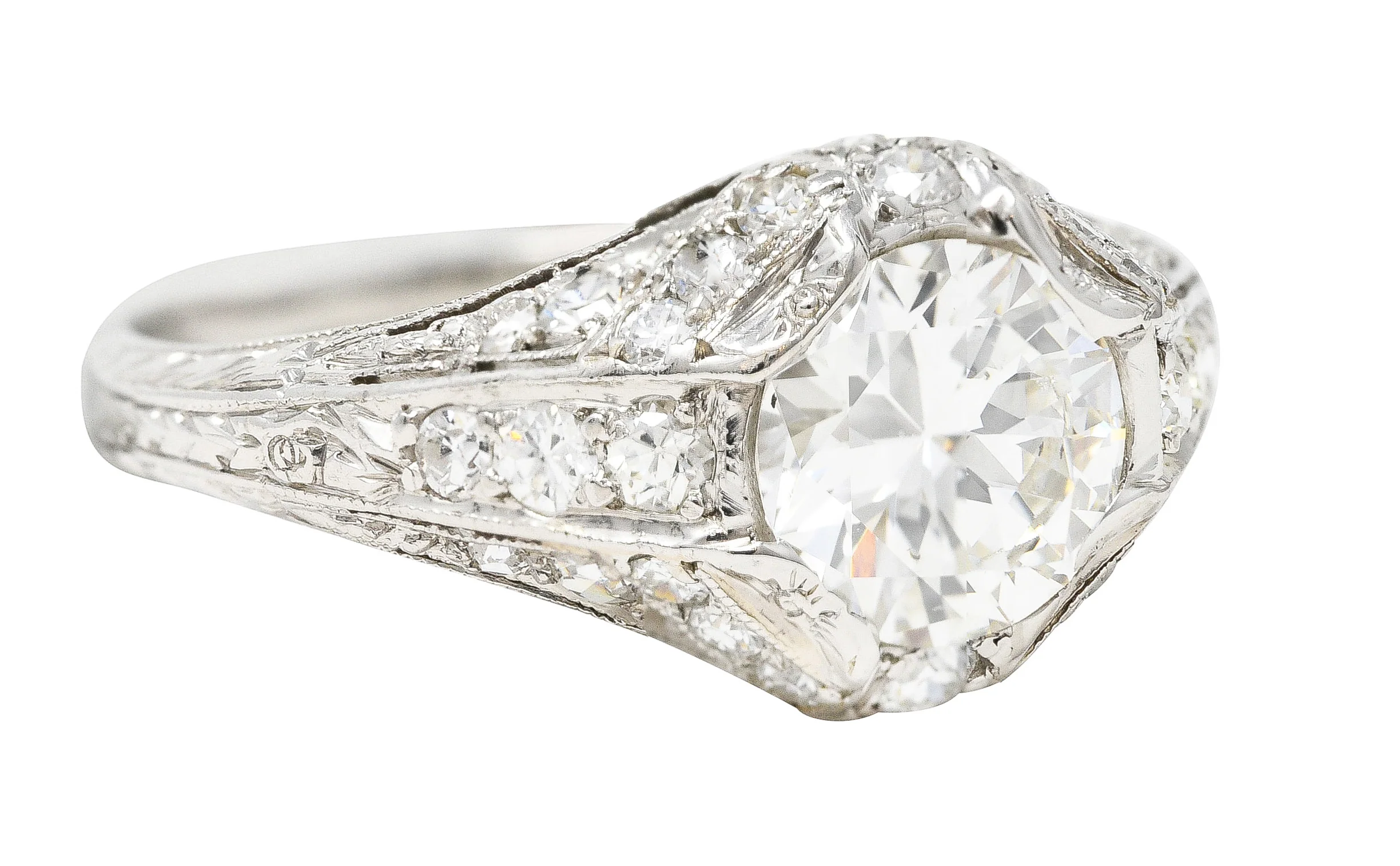 Art Deco Platinum 1.53 CTW Old European Cut Diamond Platinum Wheat Engagement Ring - Image 2