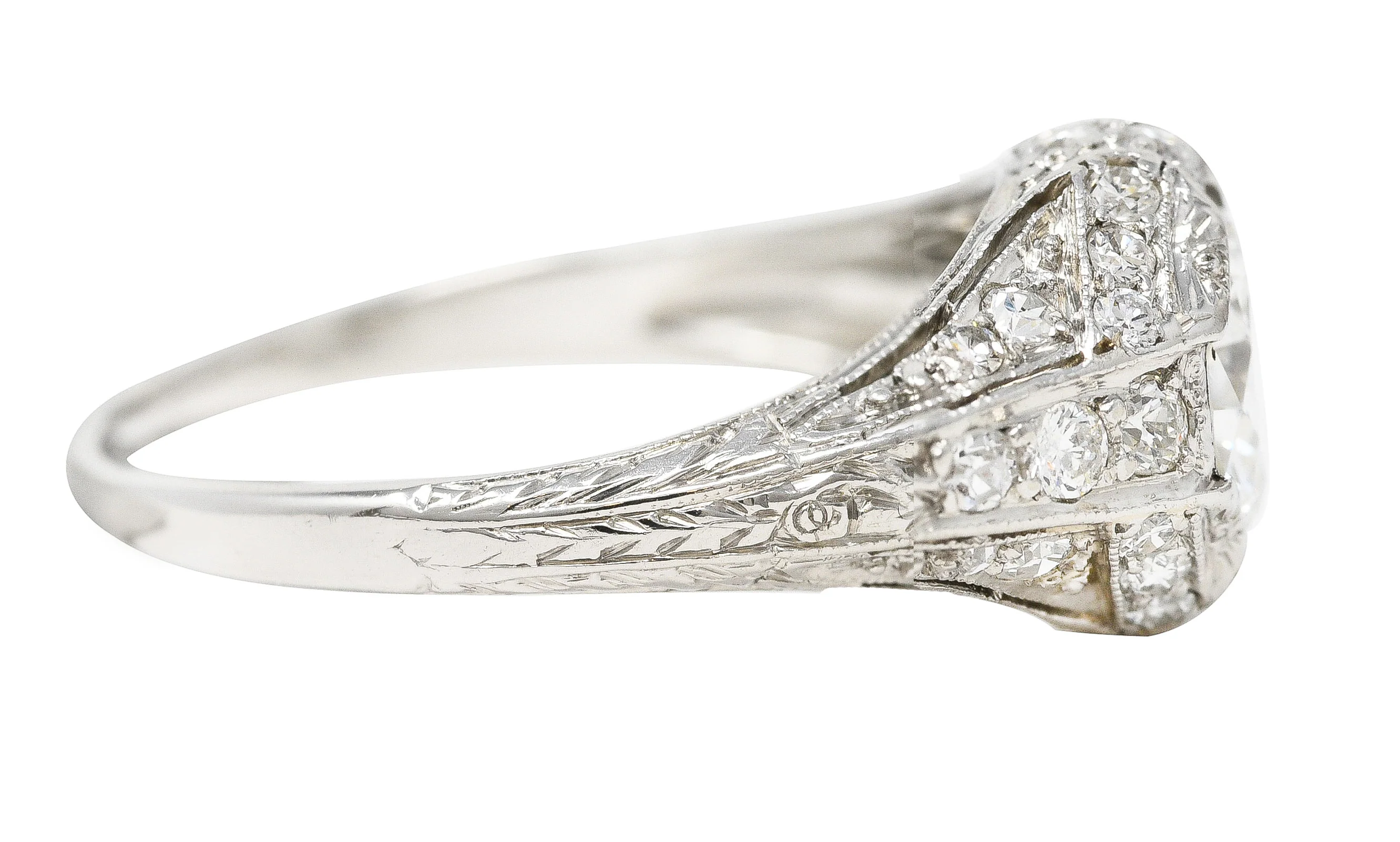 Art Deco Platinum 1.53 CTW Old European Cut Diamond Platinum Wheat Engagement Ring - Image 3
