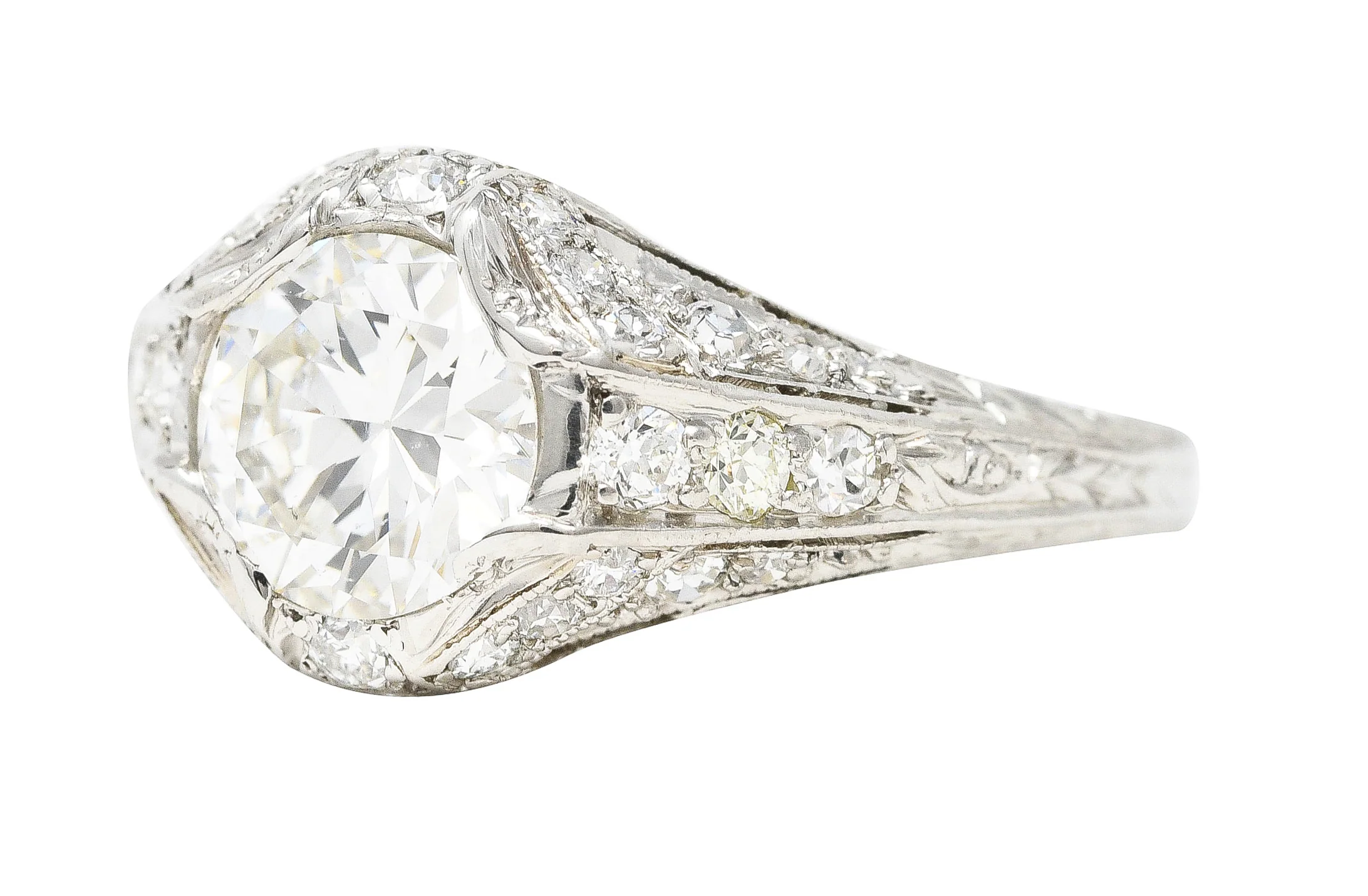Art Deco Platinum 1.53 CTW Old European Cut Diamond Platinum Wheat Engagement Ring - Image 6
