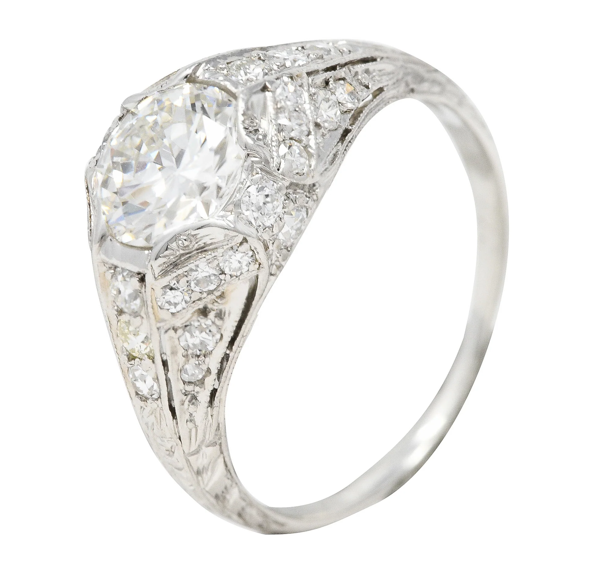 Art Deco Platinum 1.53 CTW Old European Cut Diamond Platinum Wheat Engagement Ring - Image 8