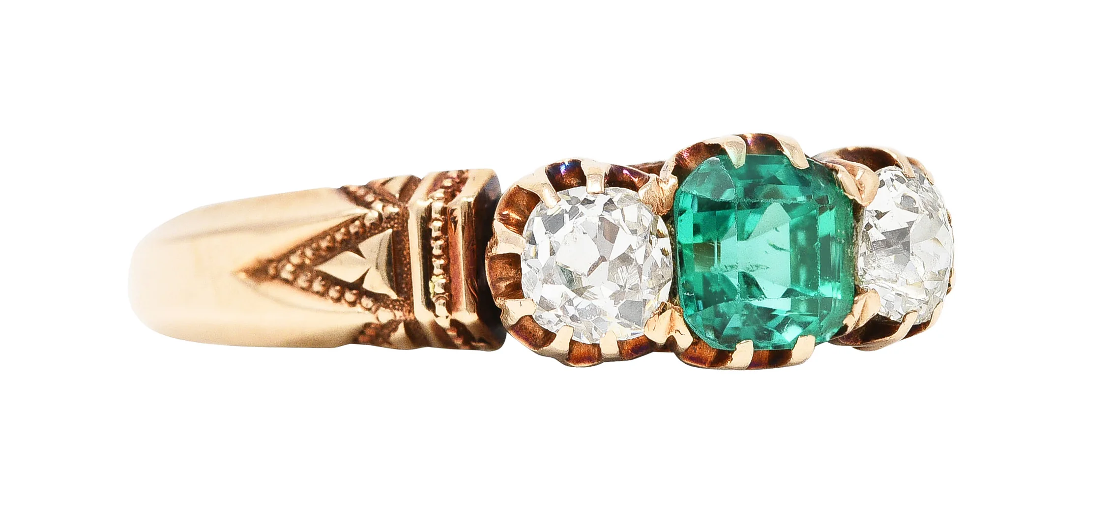 Victorian 1.00 CTW Emerald Old Mine Cut Diamond 14 Karat Yellow Gold Belcher Antique Three Stone Ring - Image 2