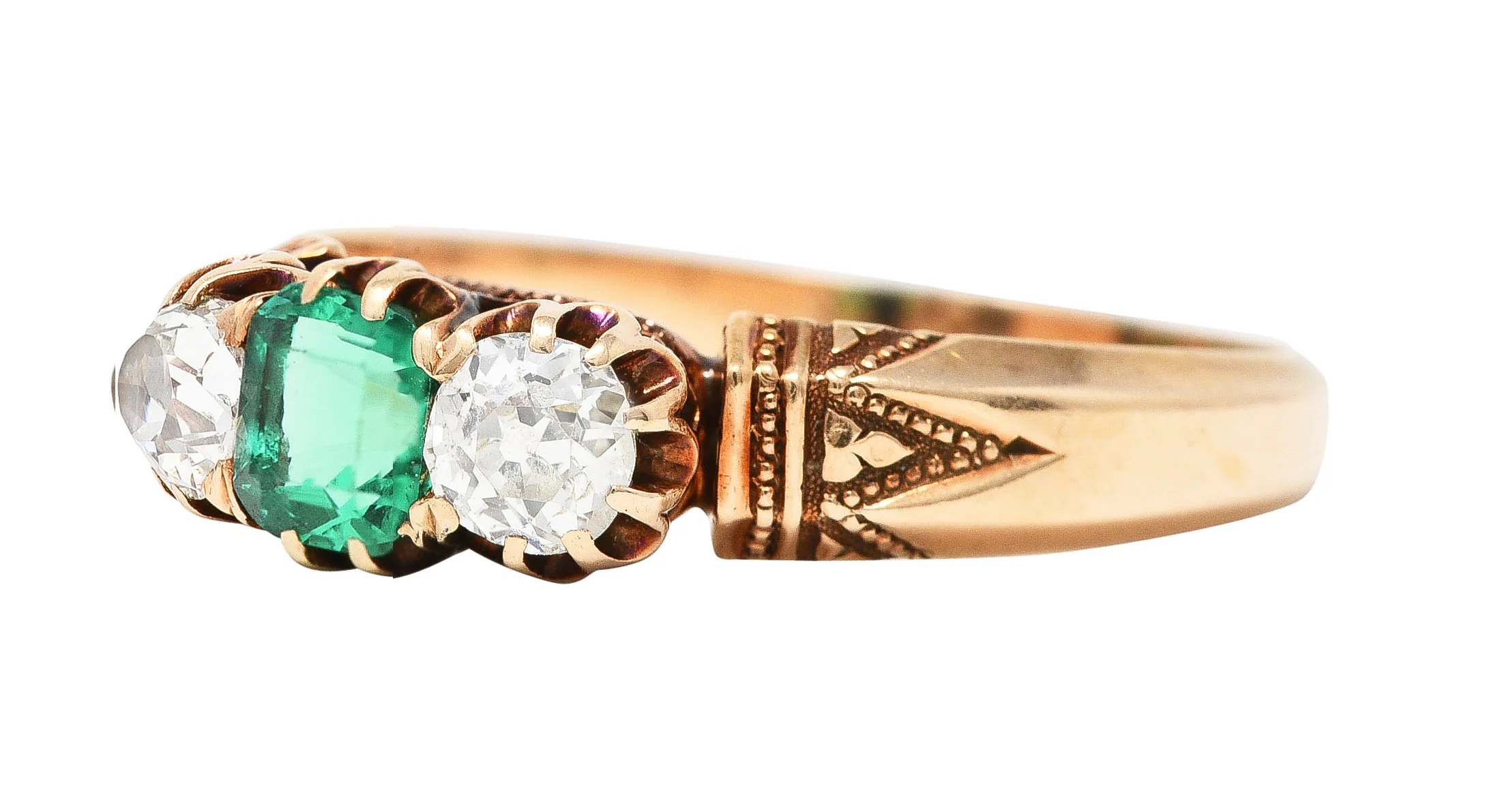 Victorian 1.00 CTW Emerald Old Mine Cut Diamond 14 Karat Yellow Gold Belcher Antique Three Stone Ring - Image 6
