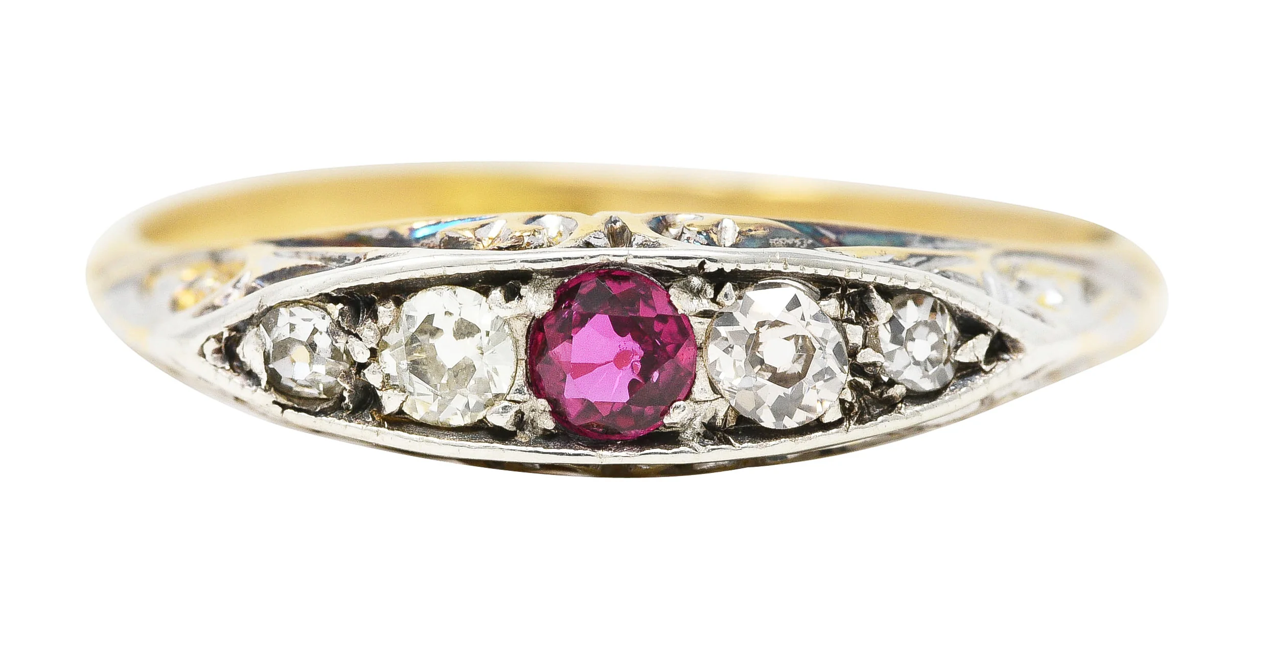 Edwardian Ruby Old European Cut Diamond Platinum-Topped 18 Karat Yellow Gold Scroll Antique Five Stone Band Ring