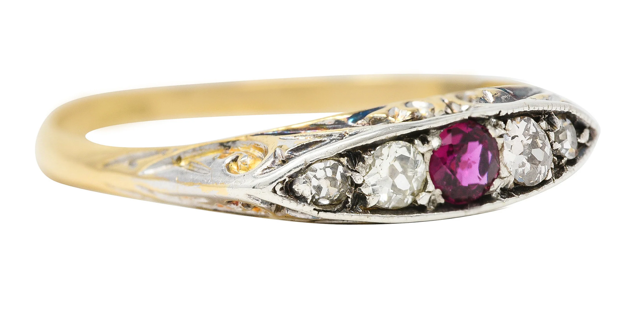 Edwardian Ruby Old European Cut Diamond Platinum-Topped 18 Karat Yellow Gold Scroll Antique Five Stone Band Ring - Image 2