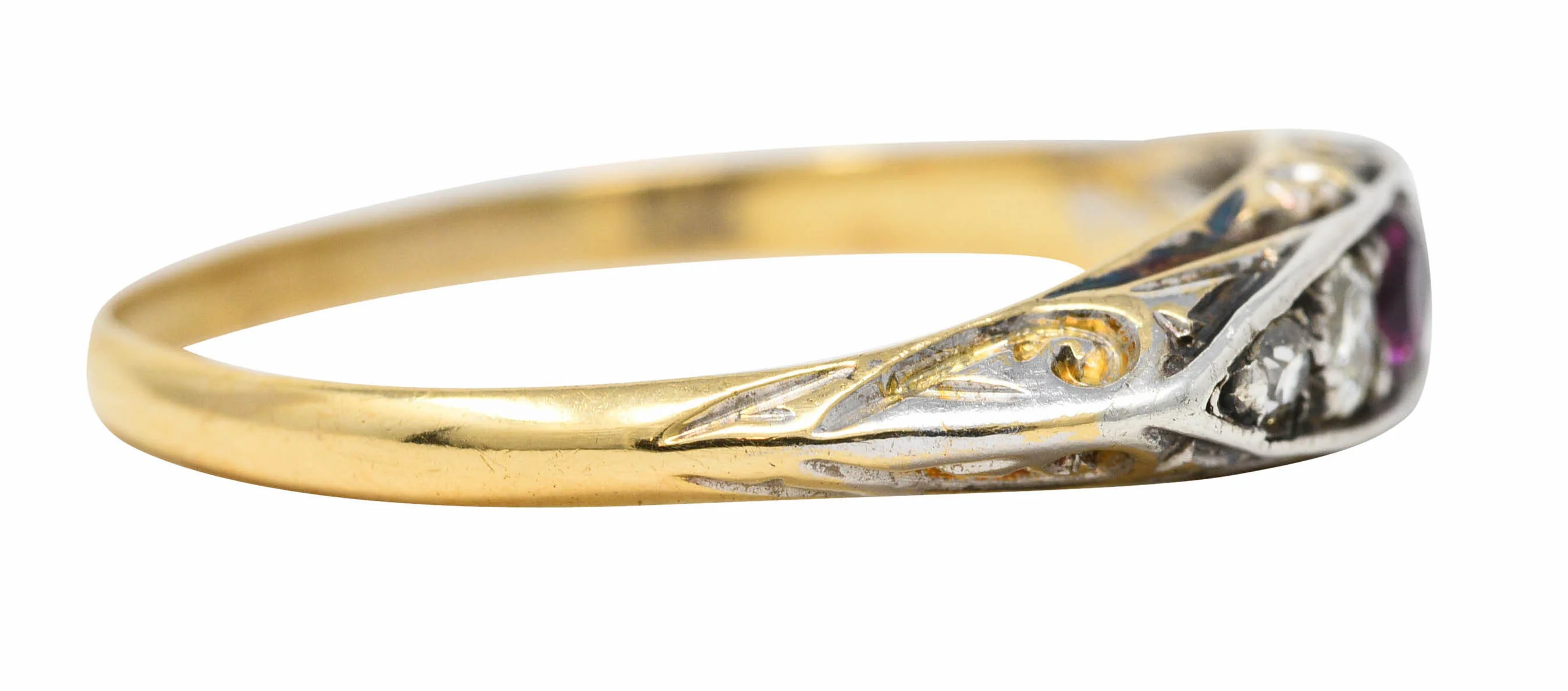 Edwardian Ruby Old European Cut Diamond Platinum-Topped 18 Karat Yellow Gold Scroll Antique Five Stone Band Ring - Image 3