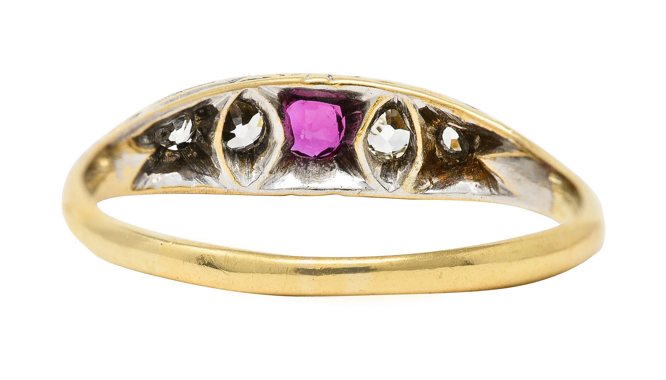 Edwardian Ruby Old European Cut Diamond Platinum-Topped 18 Karat Yellow Gold Scroll Antique Five Stone Band Ring - Image 4