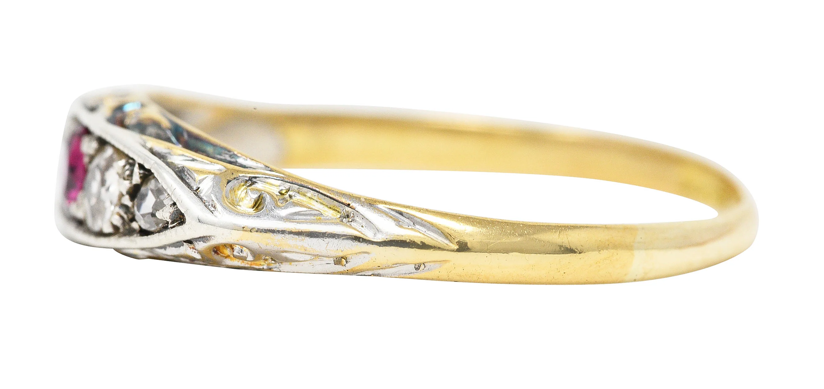 Edwardian Ruby Old European Cut Diamond Platinum-Topped 18 Karat Yellow Gold Scroll Antique Five Stone Band Ring - Image 5