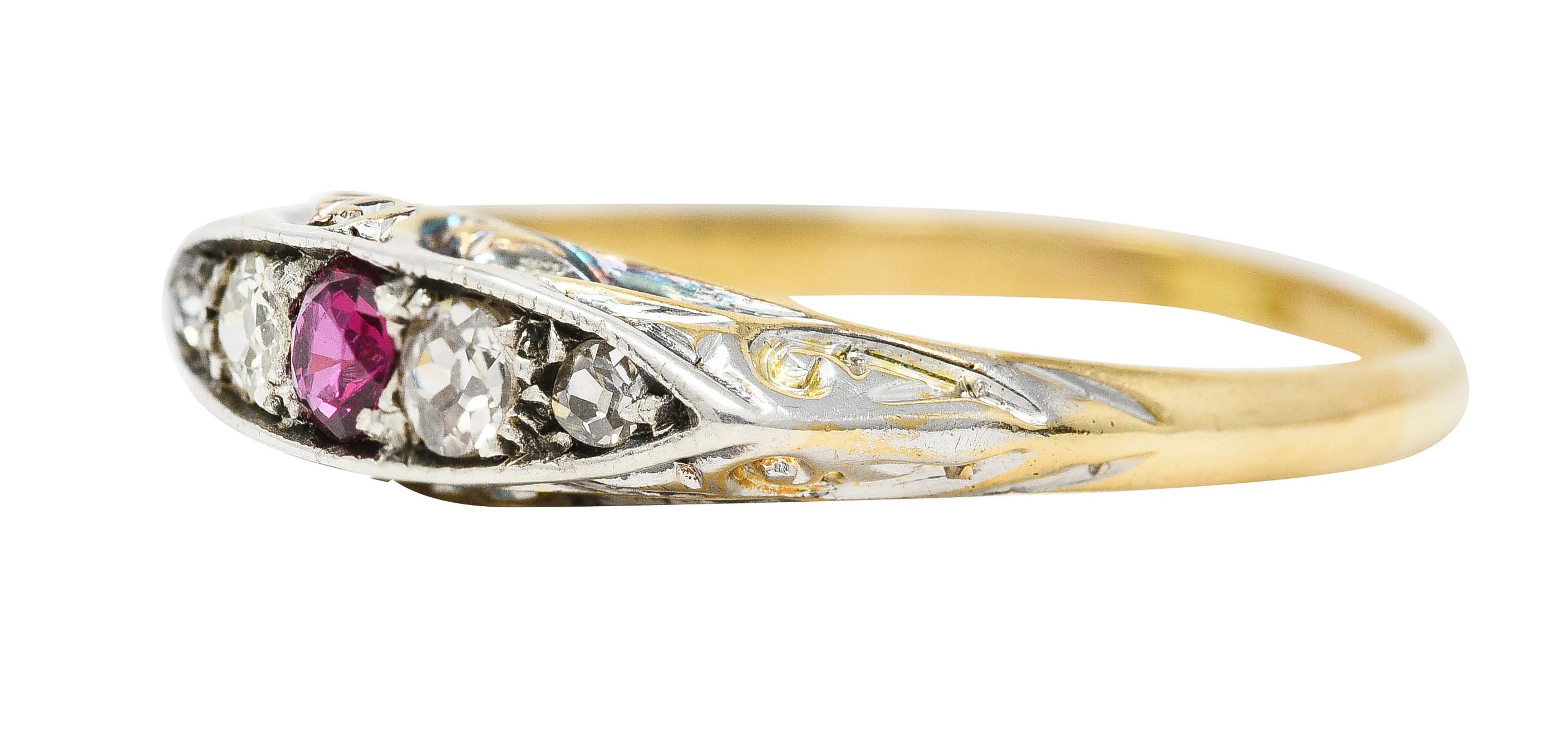 Edwardian Ruby Old European Cut Diamond Platinum-Topped 18 Karat Yellow Gold Scroll Antique Five Stone Band Ring - Image 6