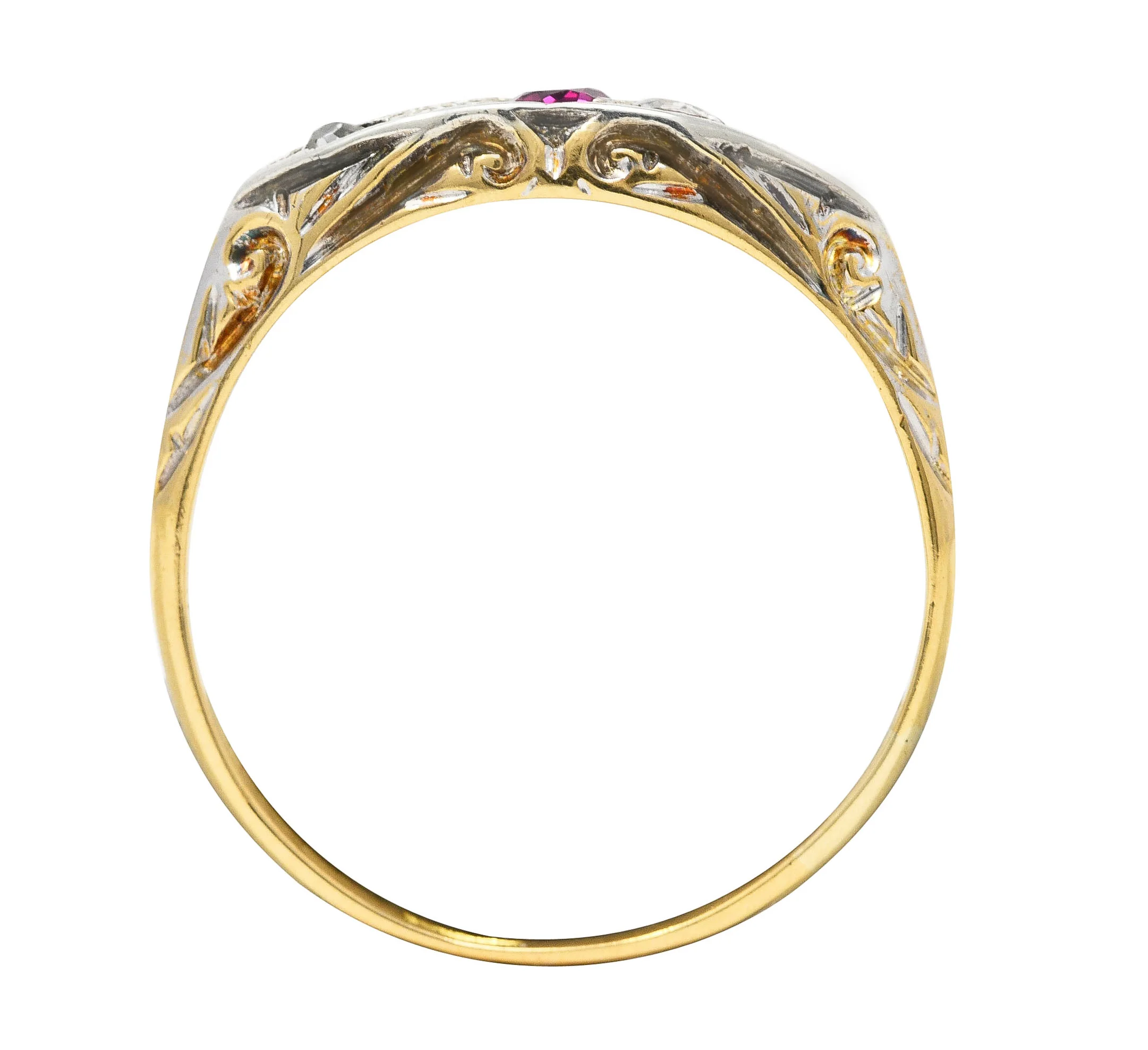 Edwardian Ruby Old European Cut Diamond Platinum-Topped 18 Karat Yellow Gold Scroll Antique Five Stone Band Ring - Image 8