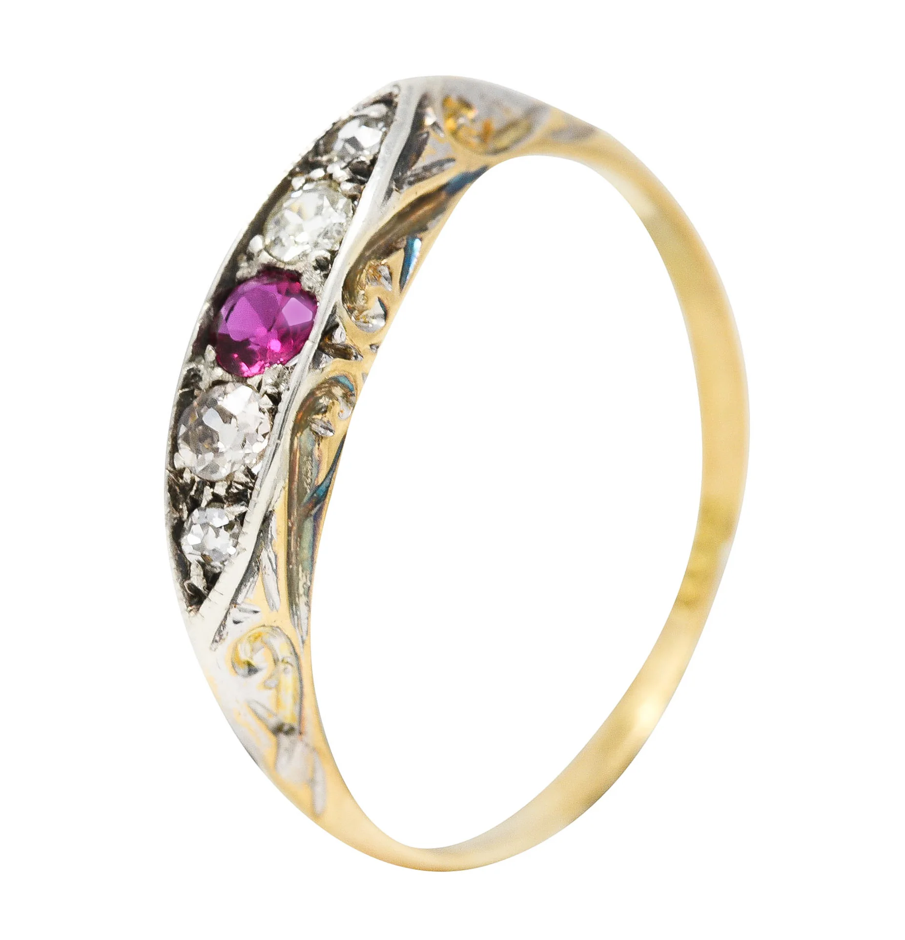 Edwardian Ruby Old European Cut Diamond Platinum-Topped 18 Karat Yellow Gold Scroll Antique Five Stone Band Ring - Image 9
