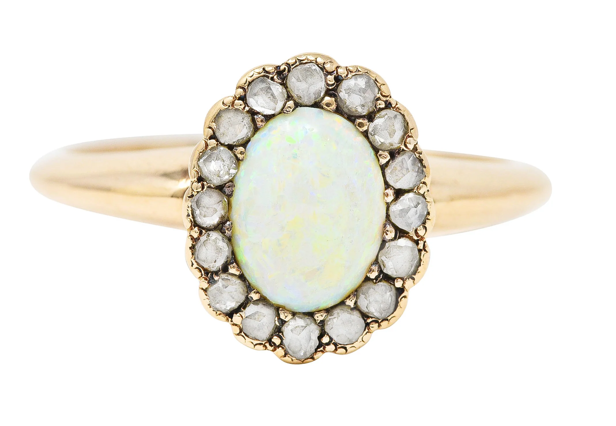 Allsopp-Steller Victorian Opal Diamond 14 Karat Yellow Gold Antique Halo Ring