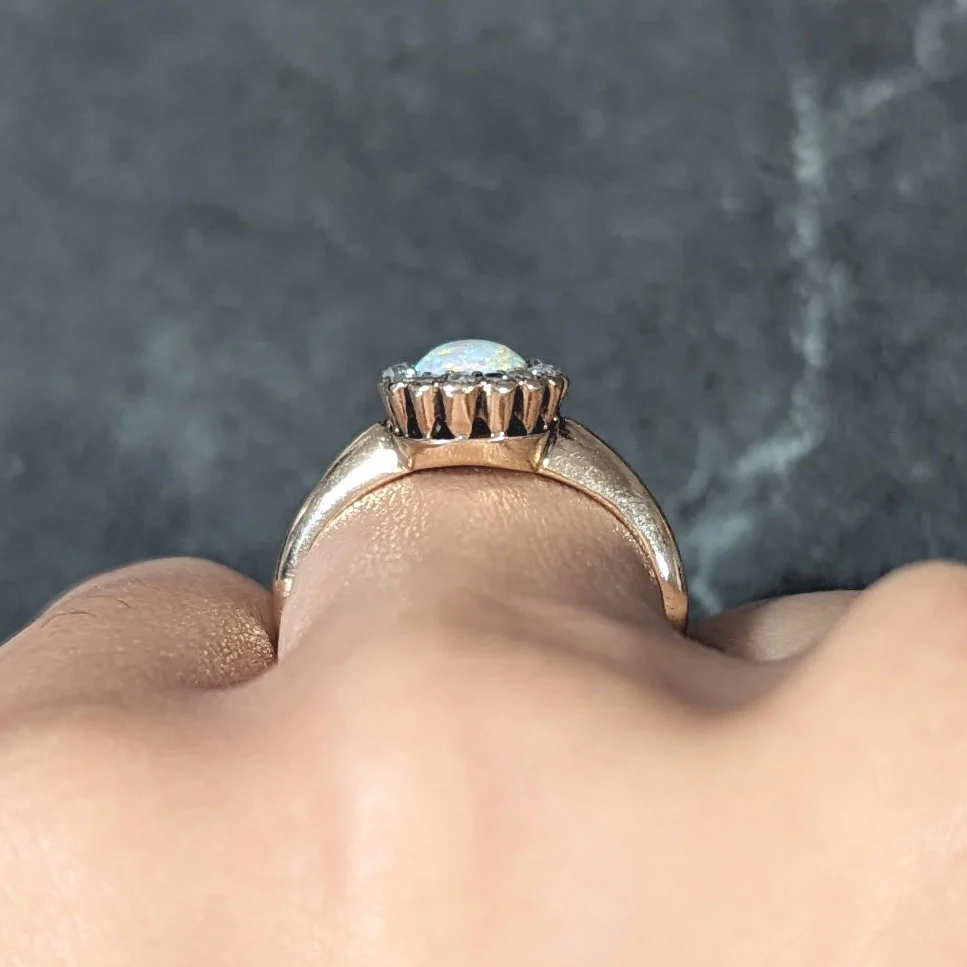 Allsopp-Steller Victorian Opal Diamond 14 Karat Yellow Gold Antique Halo Ring - Image 11