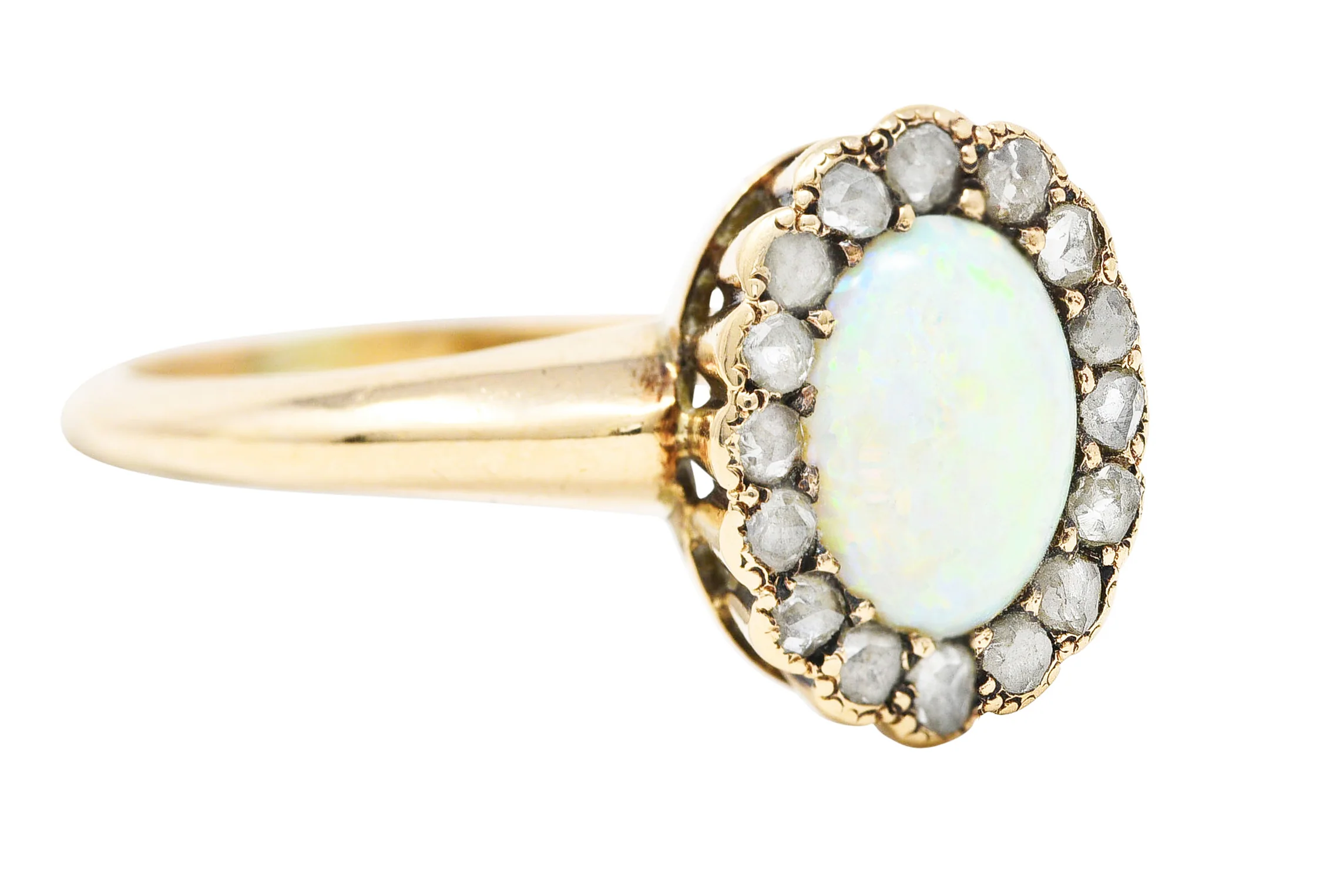 Allsopp-Steller Victorian Opal Diamond 14 Karat Yellow Gold Antique Halo Ring - Image 2