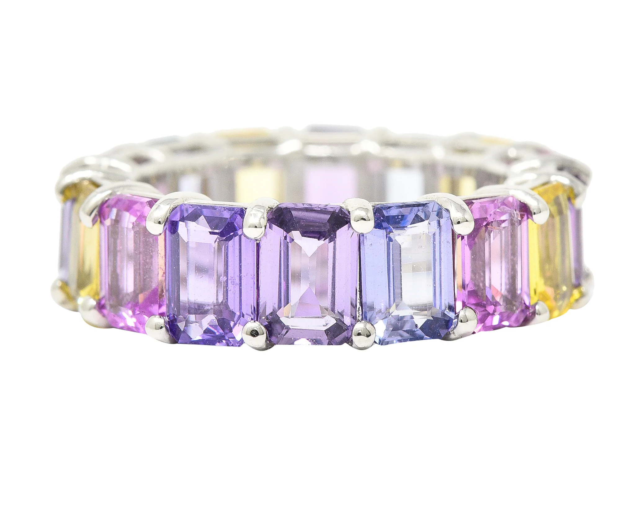 12.16 CTW Multi-Color Pink Purple Blue Emerald Cut Sapphire 18 Karat White Gold Pastel Eternity Band Ring - Image 3