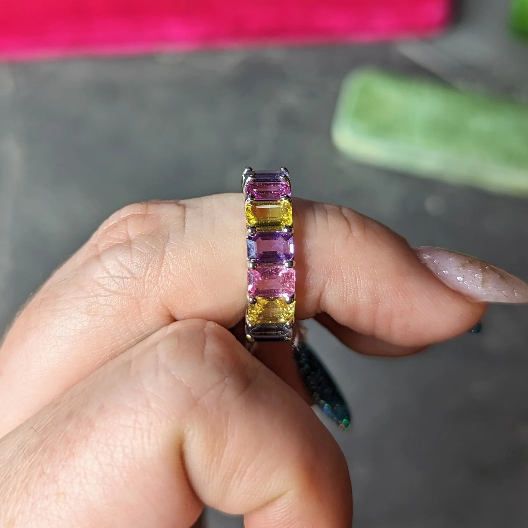 12.16 CTW Multi-Color Pink Purple Blue Emerald Cut Sapphire 18 Karat White Gold Pastel Eternity Band Ring - Image 8