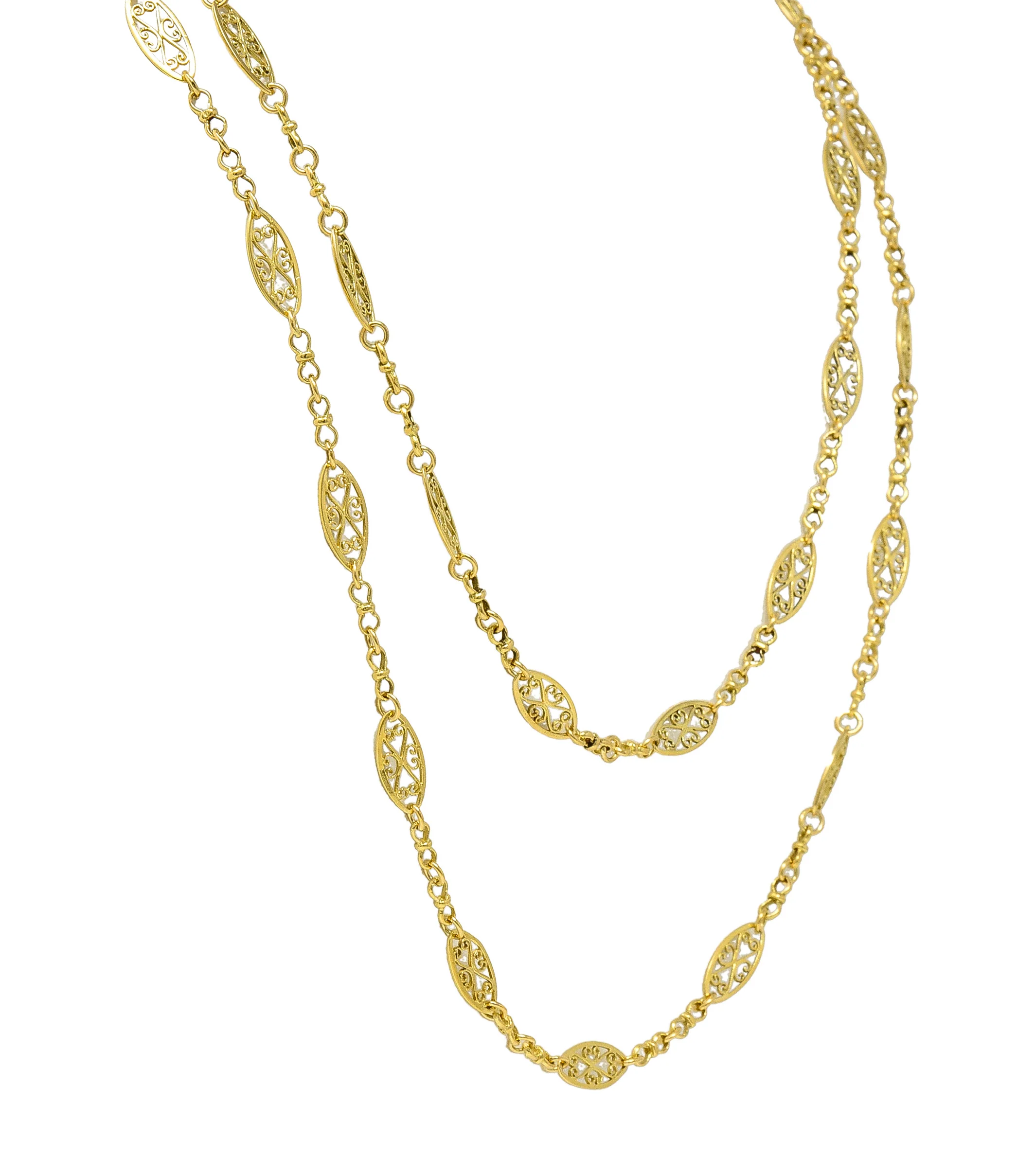 18 Karat Yellow Gold French Victorian Whiplash Heart Navette Link 56 IN Long Antique Chain Necklace - Image 4