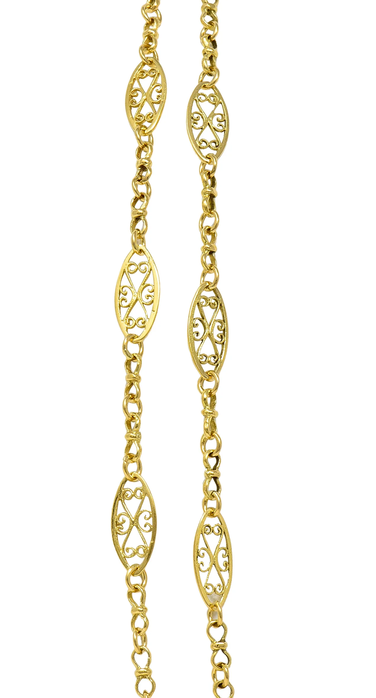 18 Karat Yellow Gold French Victorian Whiplash Heart Navette Link 56 IN Long Antique Chain Necklace - Image 8