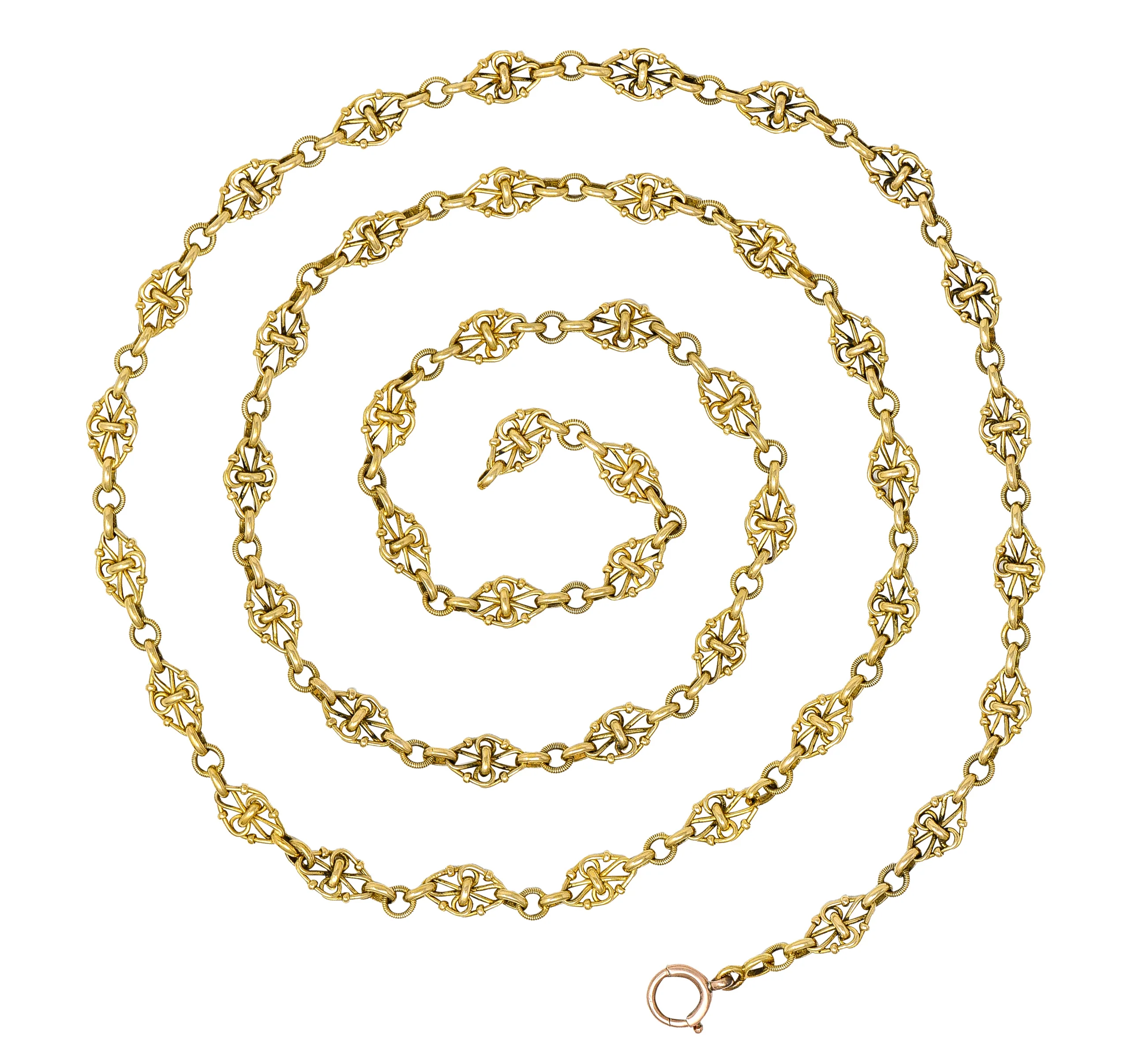 1800's Victorian 18 Karat Yellow Gold 35 1/2 Inch Long Quatrefoil Antique Chain Necklace - Image 2