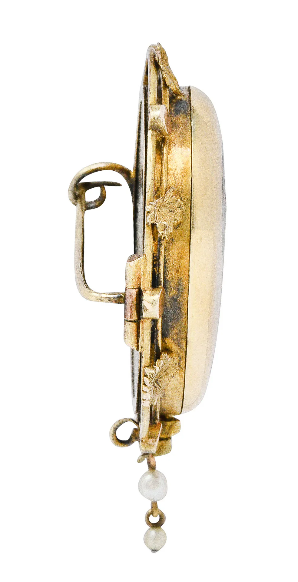 1860's Victorian Enamel Diamond Pearl 14 Karat Gold Masked Beauty Brooch - Image 3