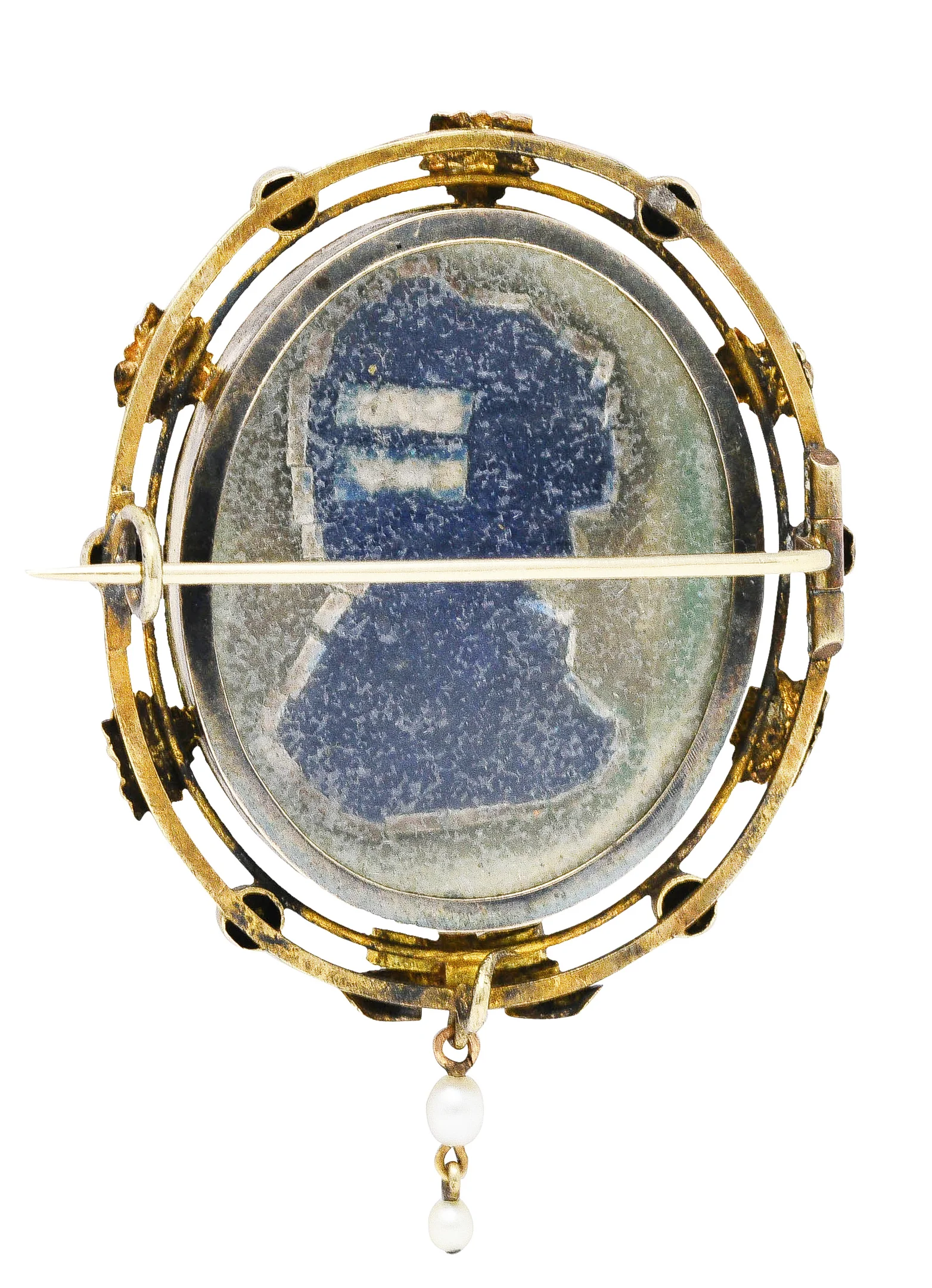 1860's Victorian Enamel Diamond Pearl 14 Karat Gold Masked Beauty Brooch - Image 4