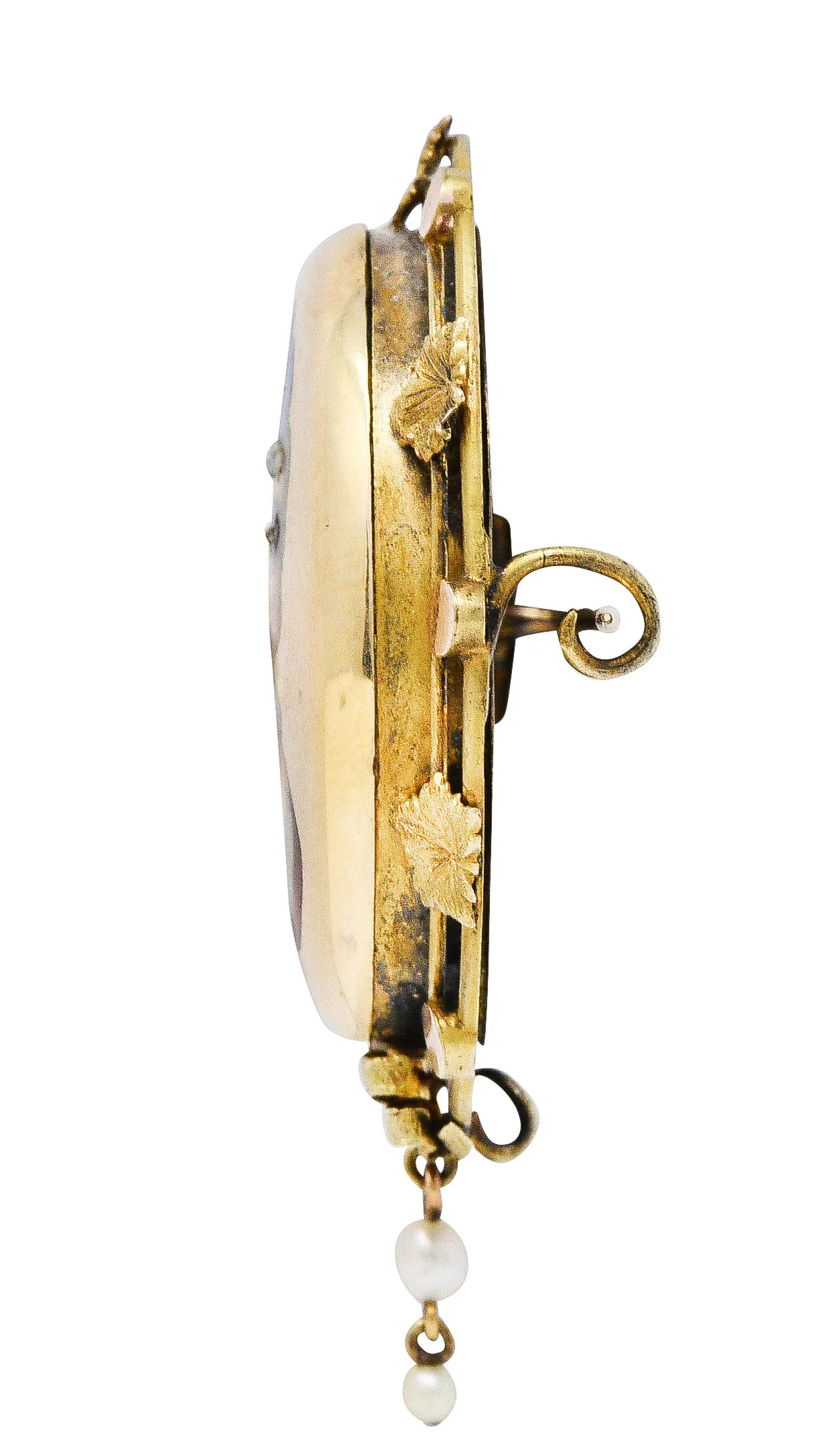 1860's Victorian Enamel Diamond Pearl 14 Karat Gold Masked Beauty Brooch - Image 5