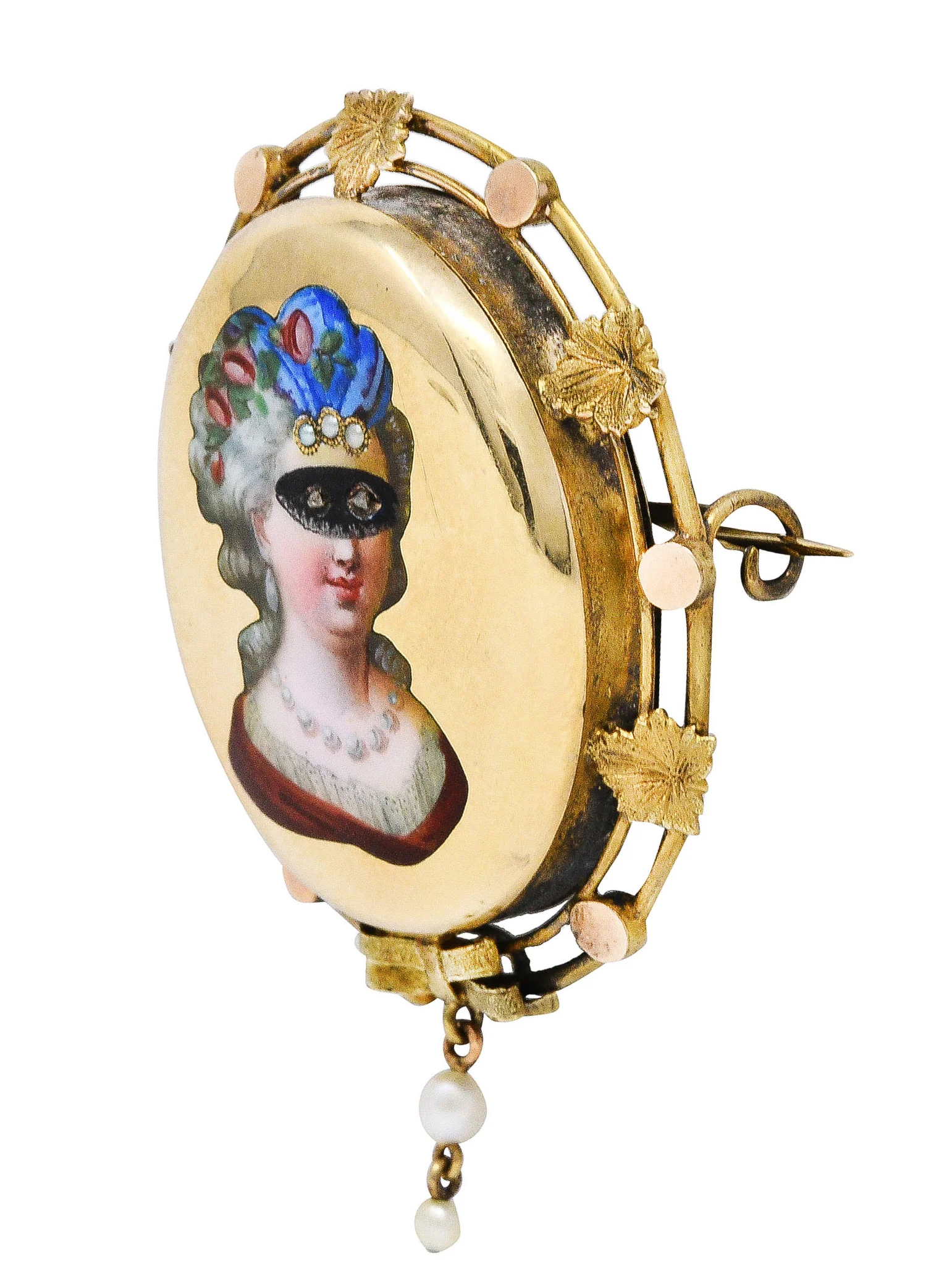 1860's Victorian Enamel Diamond Pearl 14 Karat Gold Masked Beauty Brooch - Image 6
